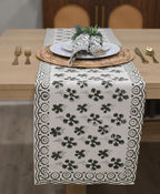 Hand block print table runner in white with olive green floral buti pattern