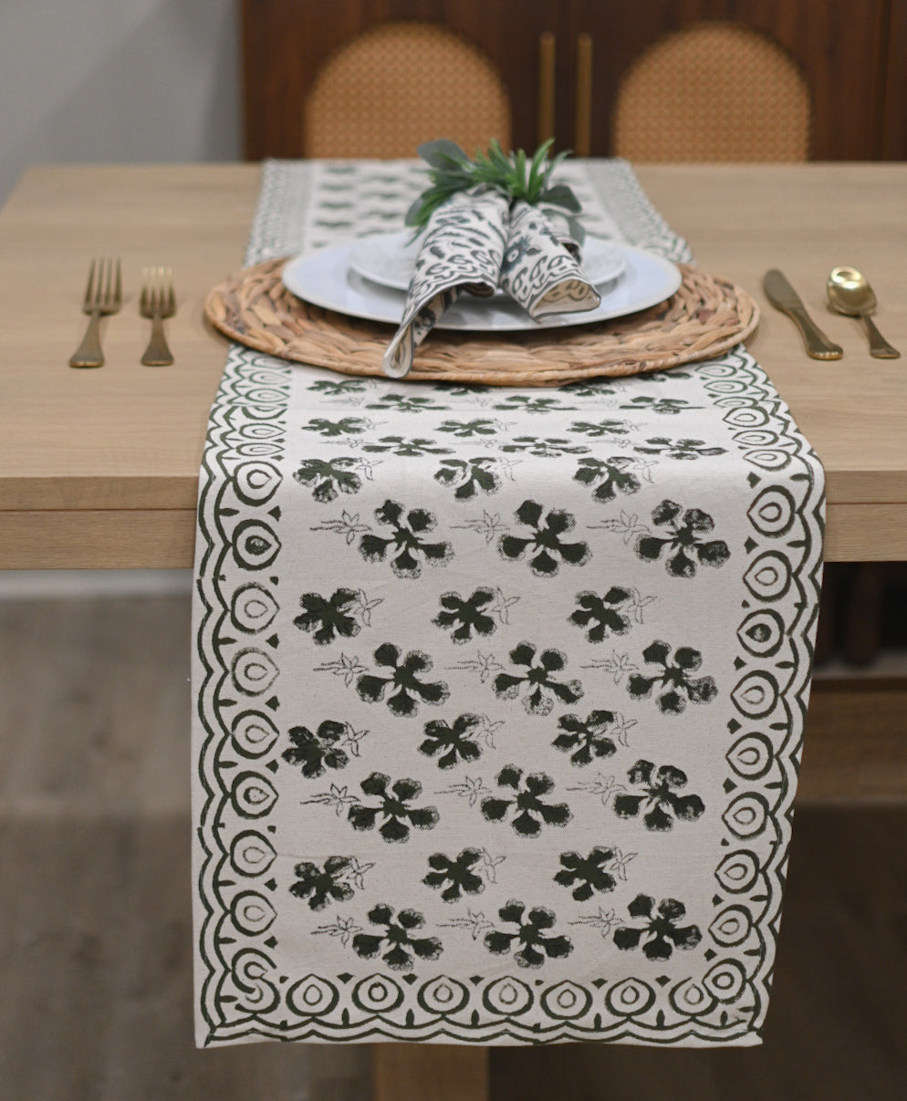 Hand block print table runner in white with olive green floral buti pattern
