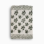 Hand block print table runner in white with olive green floral buti pattern