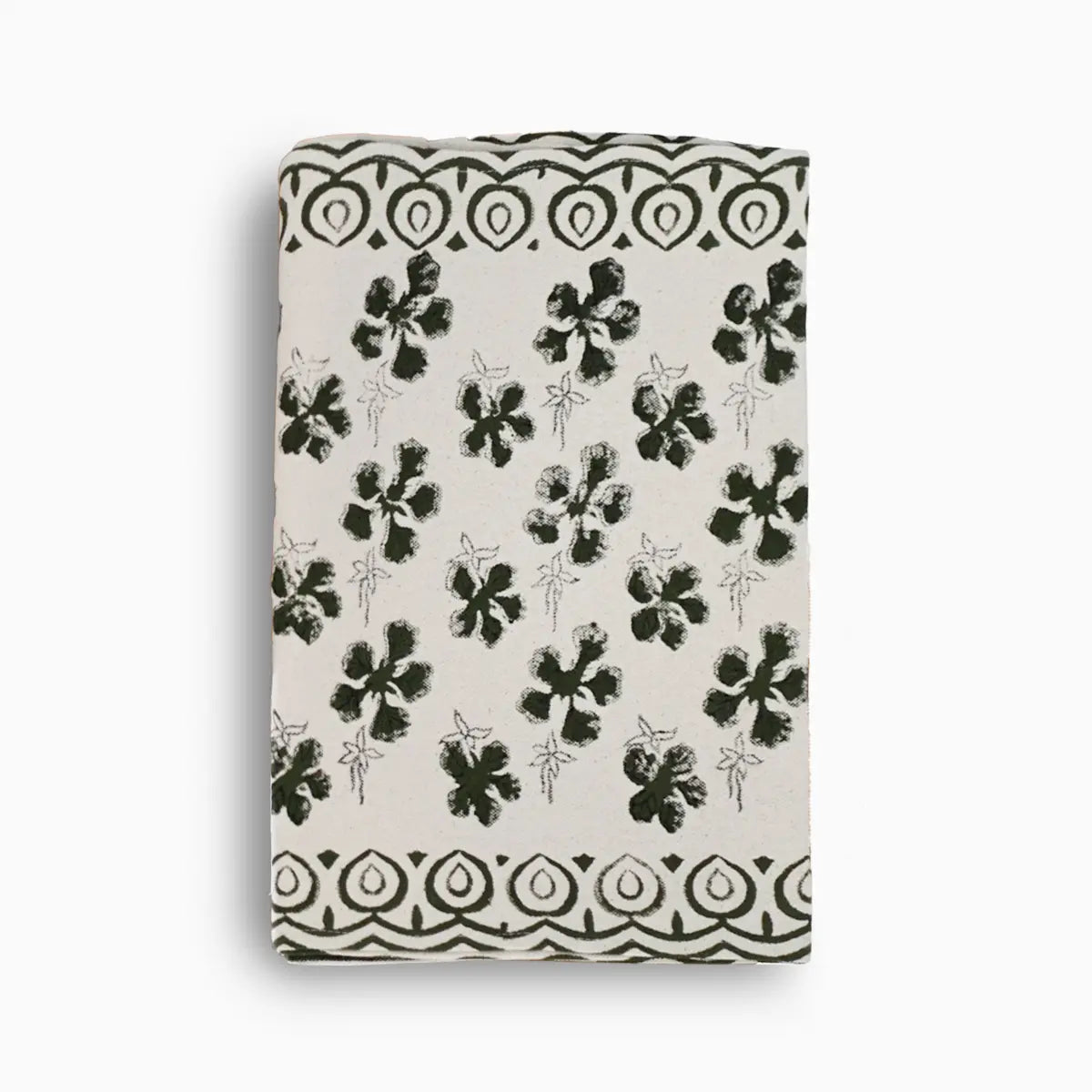 Hand block print table runner in white with olive green floral buti pattern
