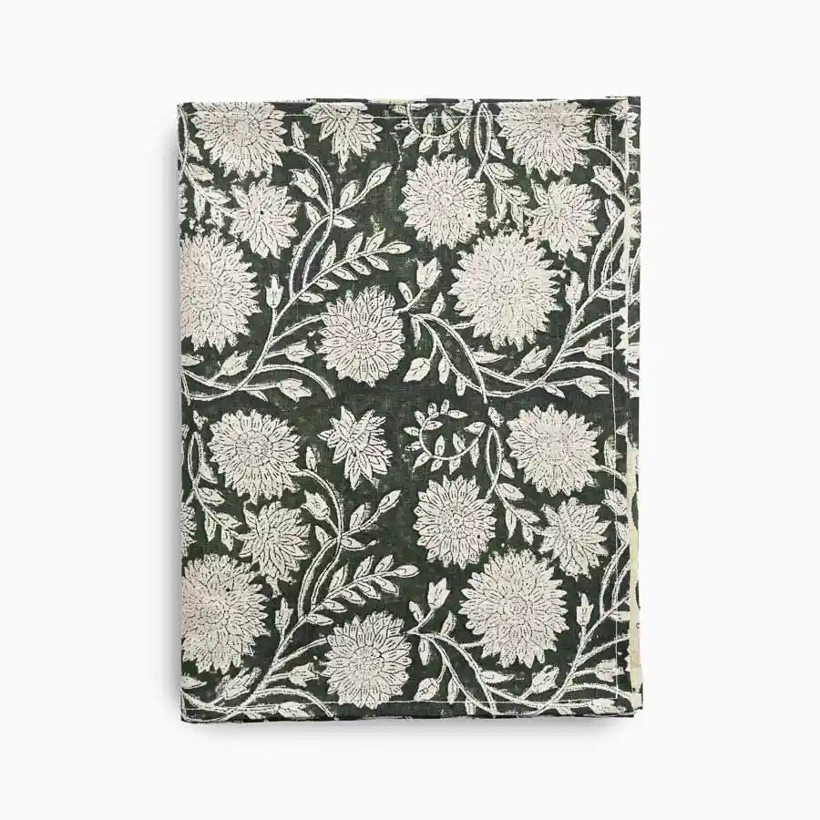 Hand block print table runner in olive green and oat tones