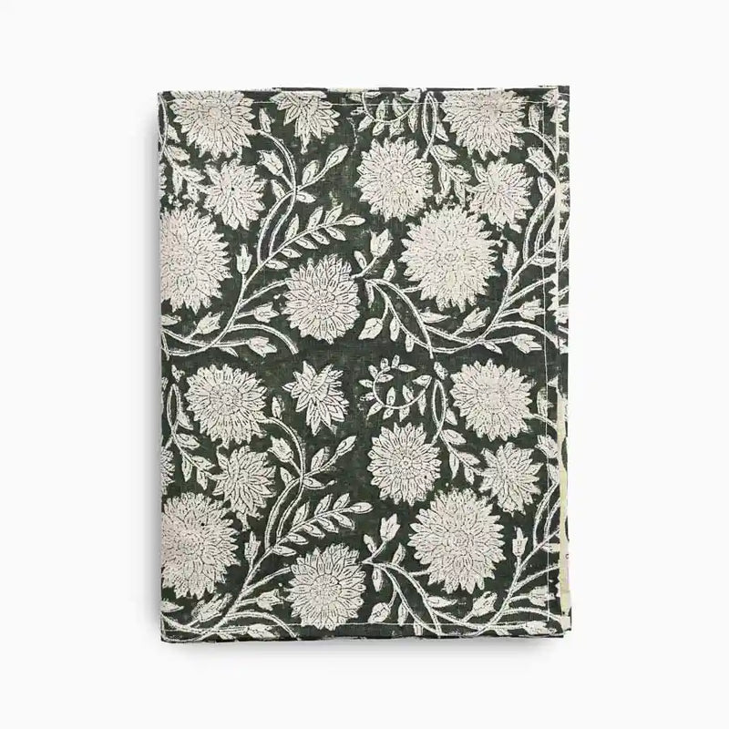 Hand block print table runner in olive green and oat tones