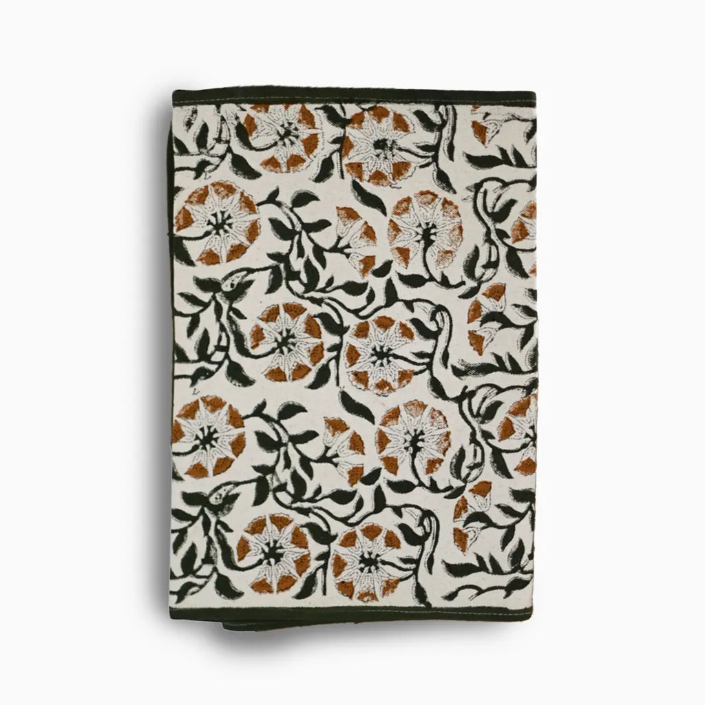 Hand block print table runner in white with green and gray floral pattern