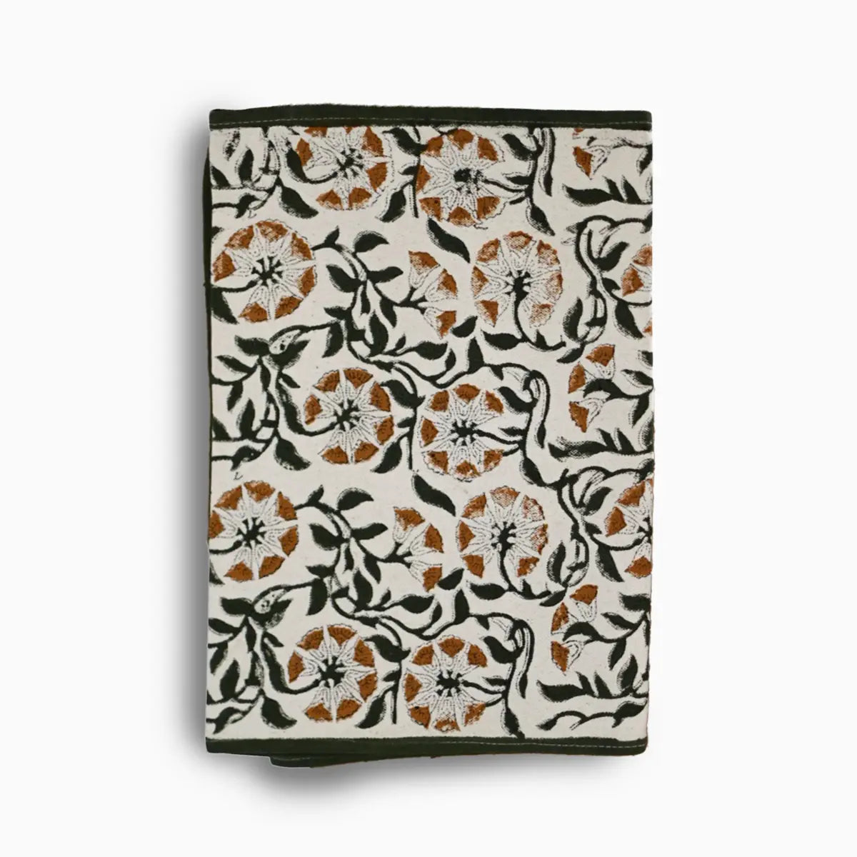 Hand block print table runner in white with green and gray floral pattern