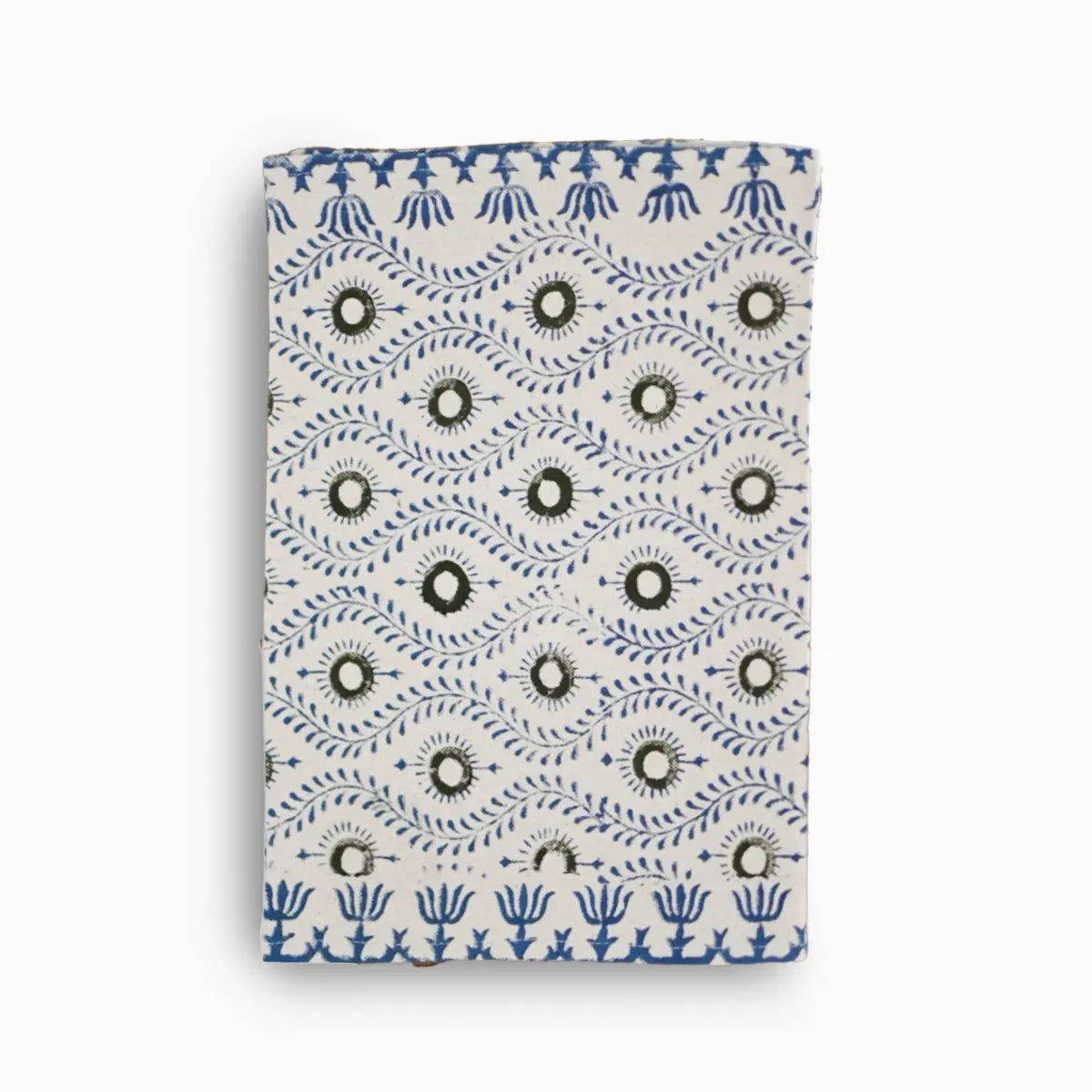 Hand block print table runner in white with green and blue floral pattern