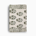 Hand block print table runner in white with sage green floral buti pattern
