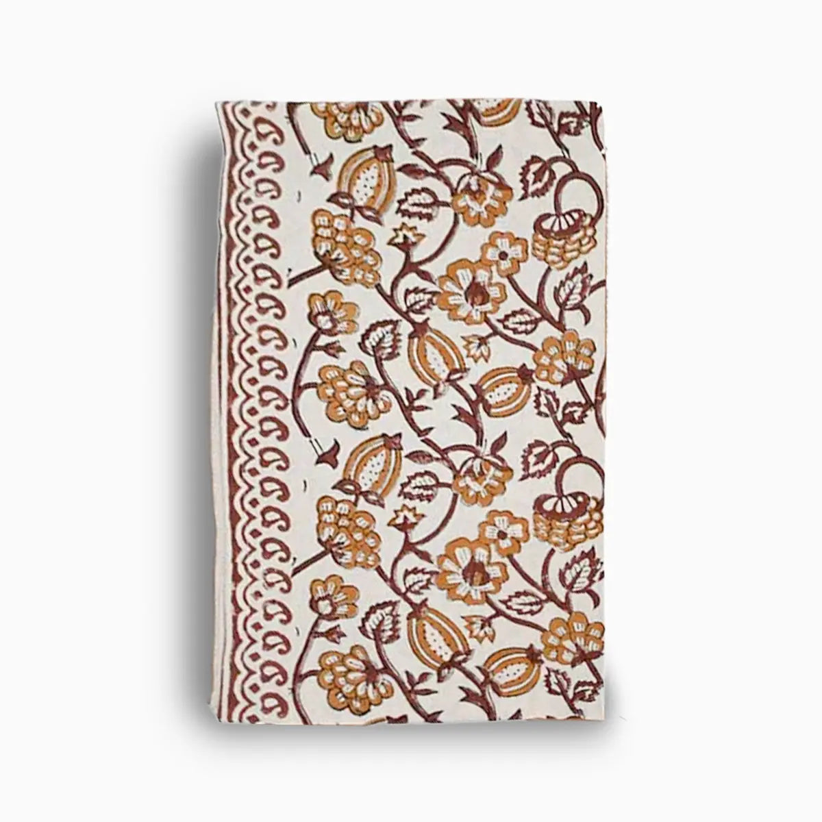 Hand block print table runner in off white with amber gold floral pattern