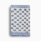 Hand block print table runner in white with oxford blue floral buti pattern