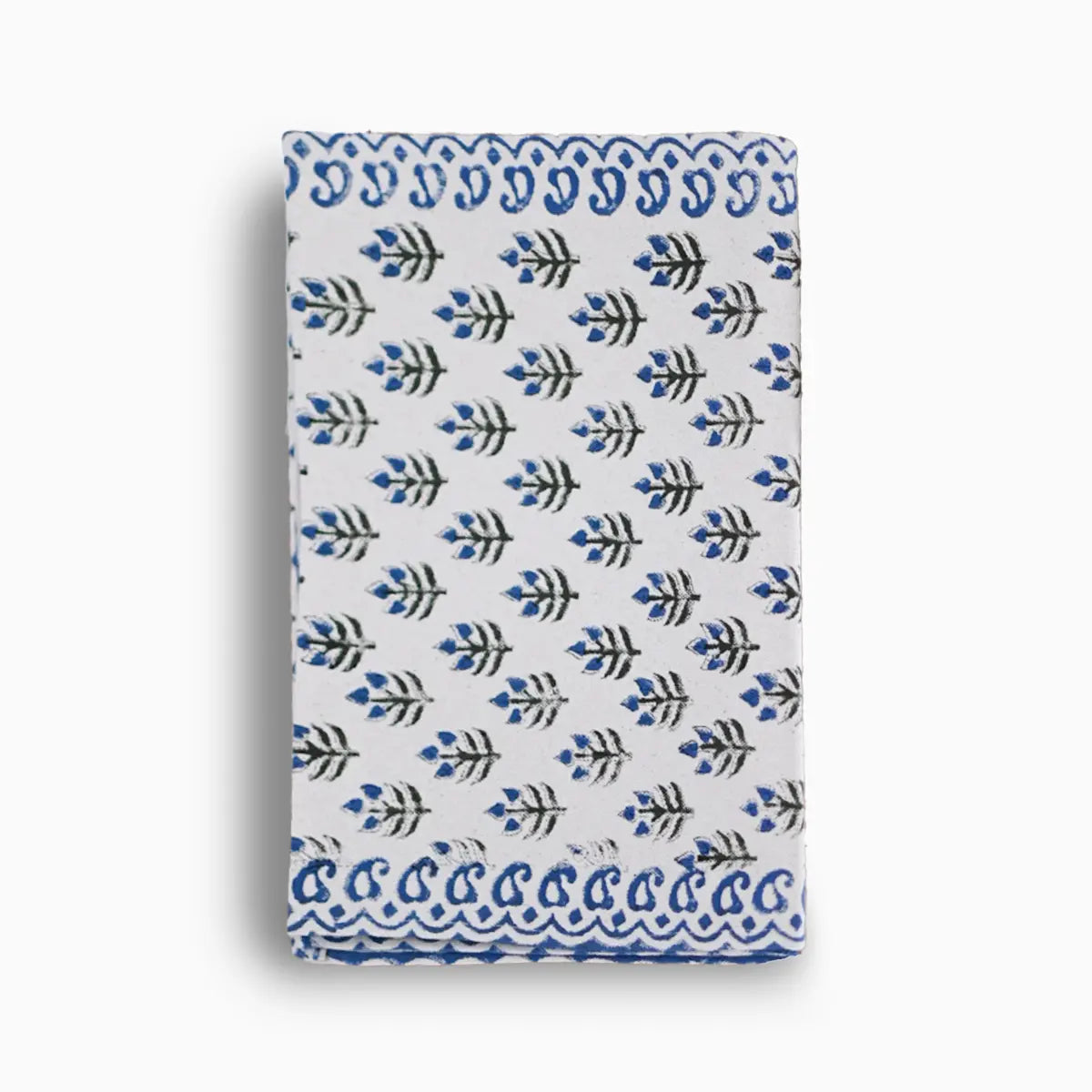 Hand block print table runner in white with oxford blue floral buti pattern