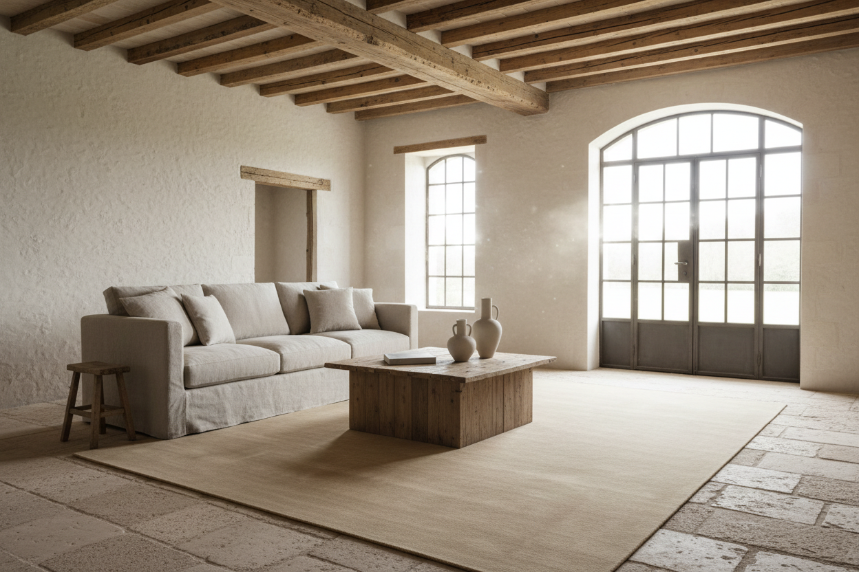 Beige rug with a subtle pattern on a white background