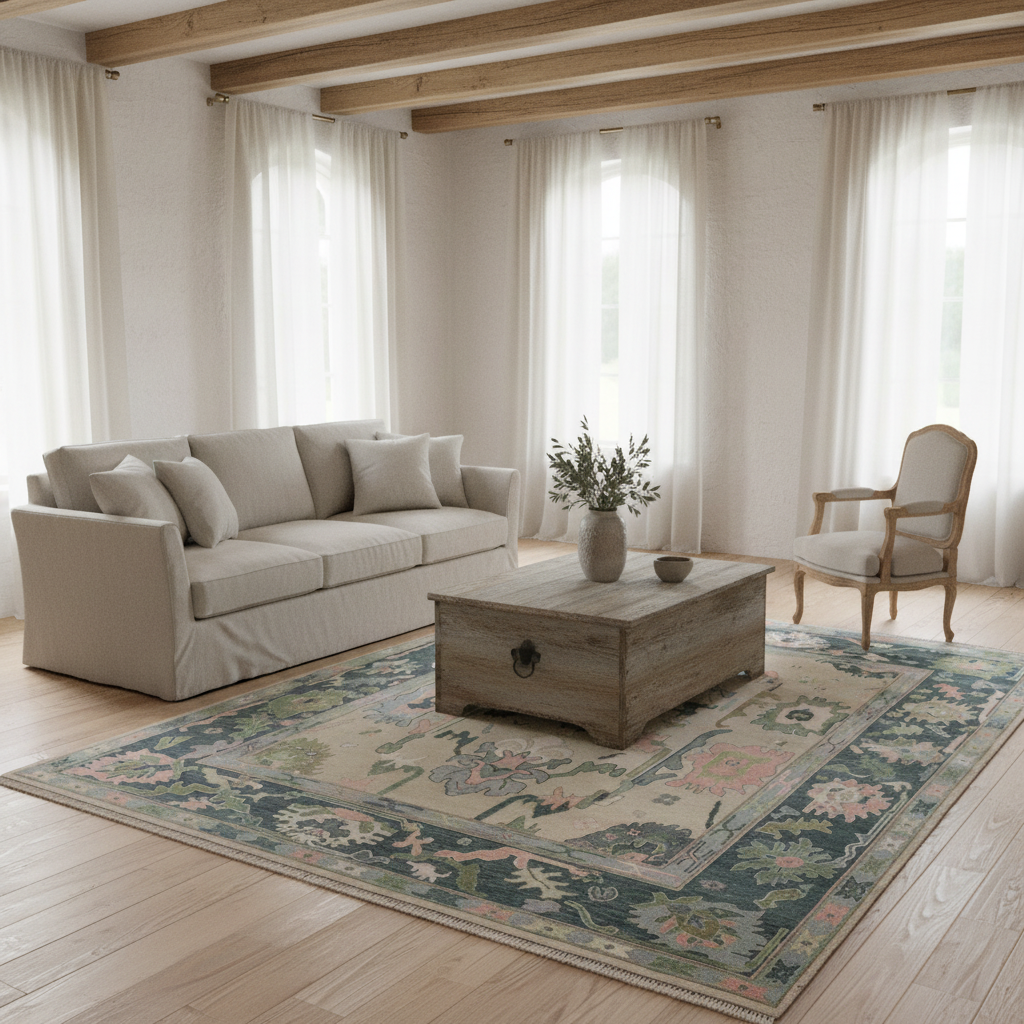 Wild Rose Hand-Knotted Wool Oushak Rug Hand-Knotted