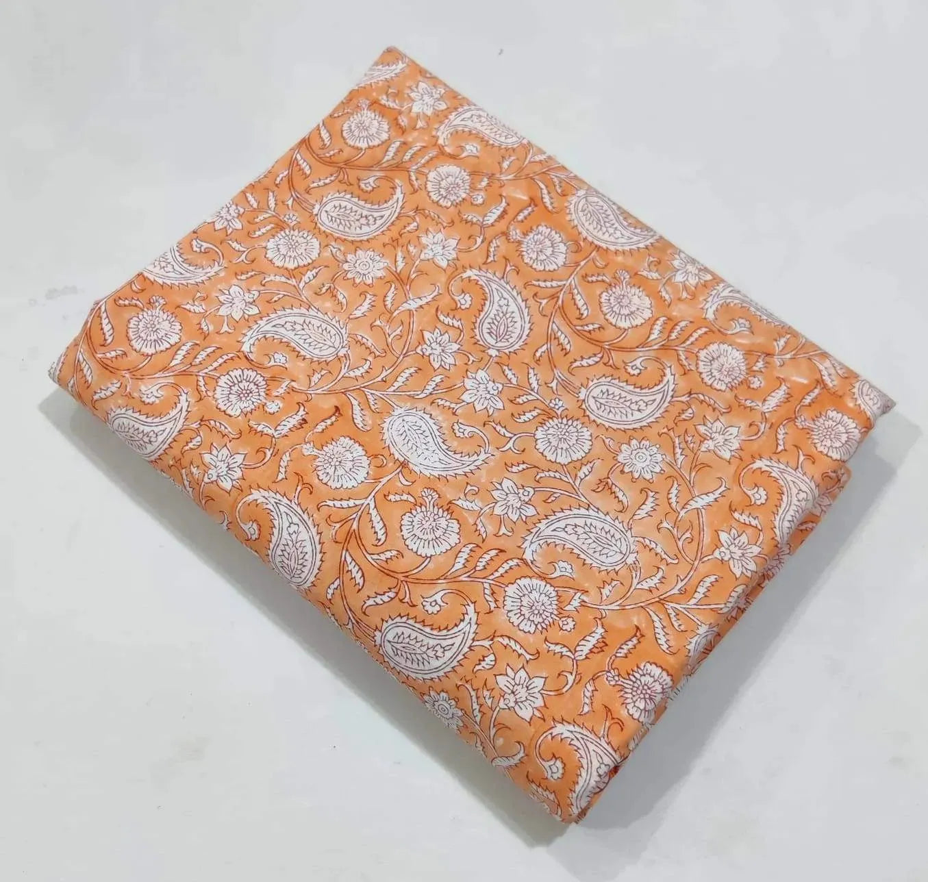 Jenny Hand Block Printed Cotton Fabric By Yard Yard Orange Dark Brown White Cotton Fabric
