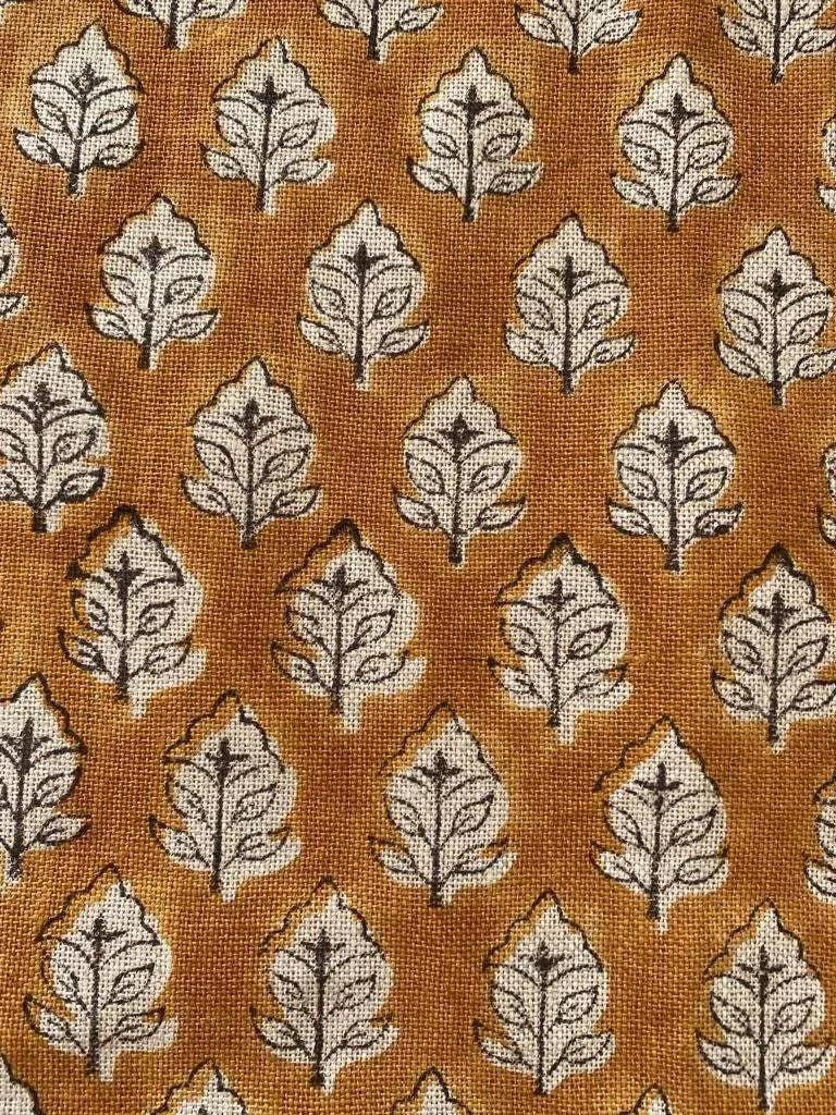 Sansa Handloom Linen Block Print Fabric Brown Black Off-White Black Outline Linen Fabric