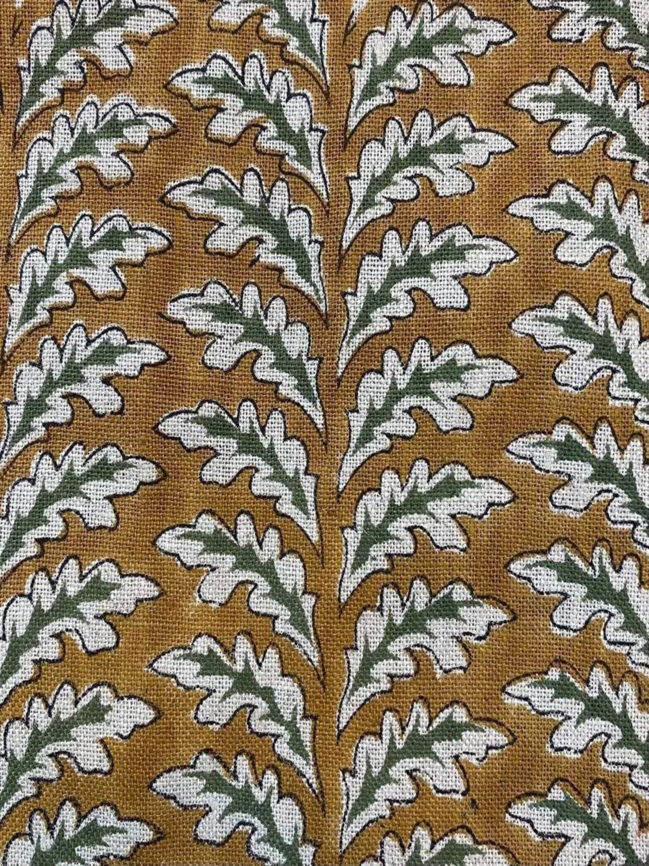 Scottie Hand Block Printed Linen Fabric Mustard Green Black Linen Fabric