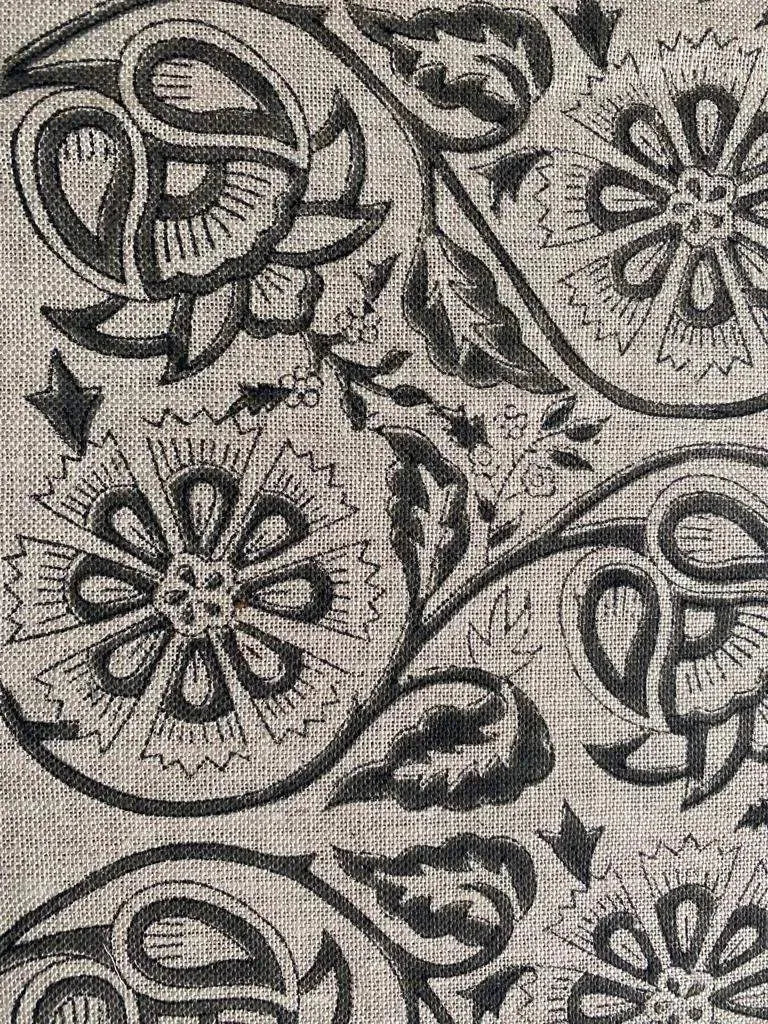Agnes Hand Block Printed Lenin Upholstery Fabric Black Black outline Linen Fabric