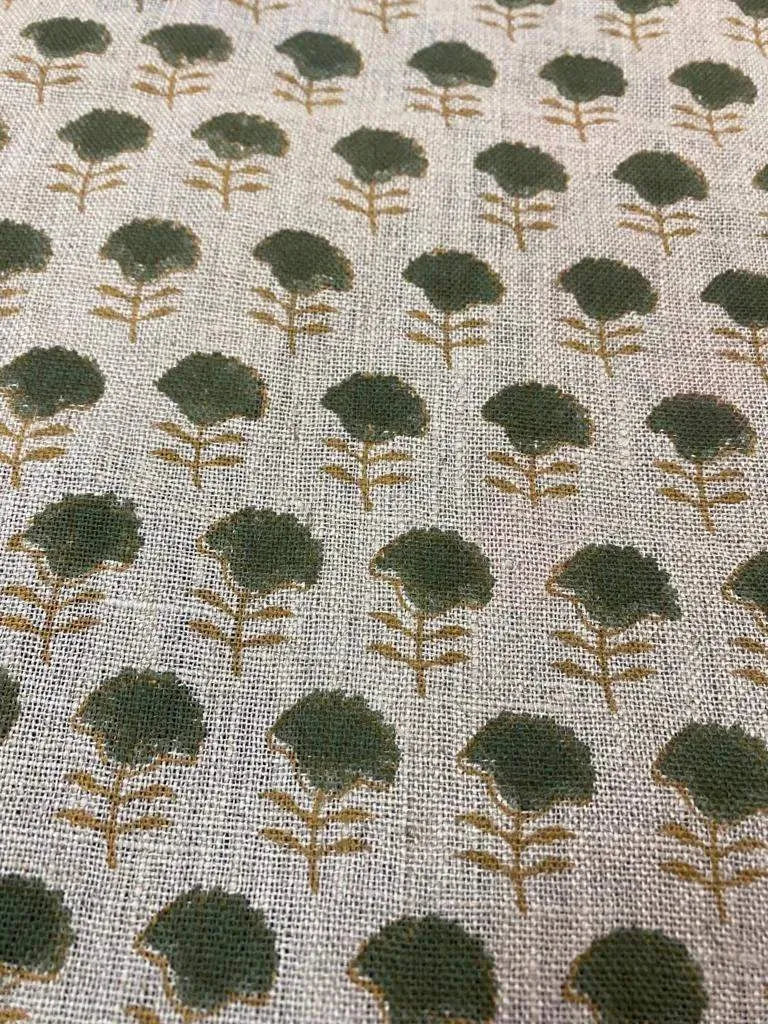 Arianna Block Printed Upholstery Linen Fabric Olive Green Mustard Linen Fabric