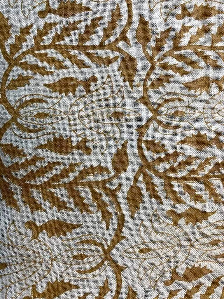 Ria Hand Block Print Linen Fabric For Upholstery and Curtains Mustard Brown Outline Linen Fabric