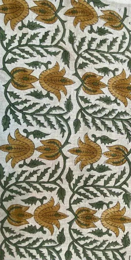 Ria Hand Block Print Linen Fabric For Upholstery and Curtains Brown Green Black Outline Linen Fabric