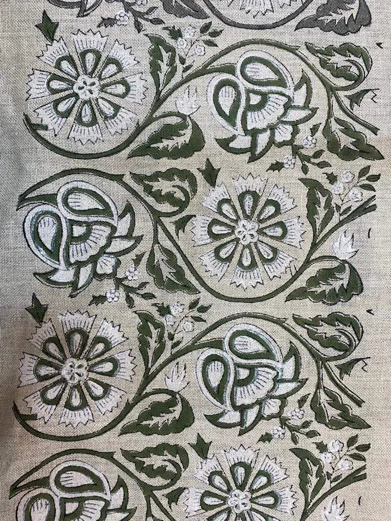 Agnes Hand Block Printed Lenin Upholstery Fabric white Green Black outline Linen Fabric