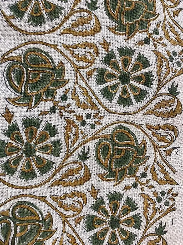 Agnes Hand Block Printed Lenin Upholstery Fabric Mustard Green Black Outline Linen Fabric