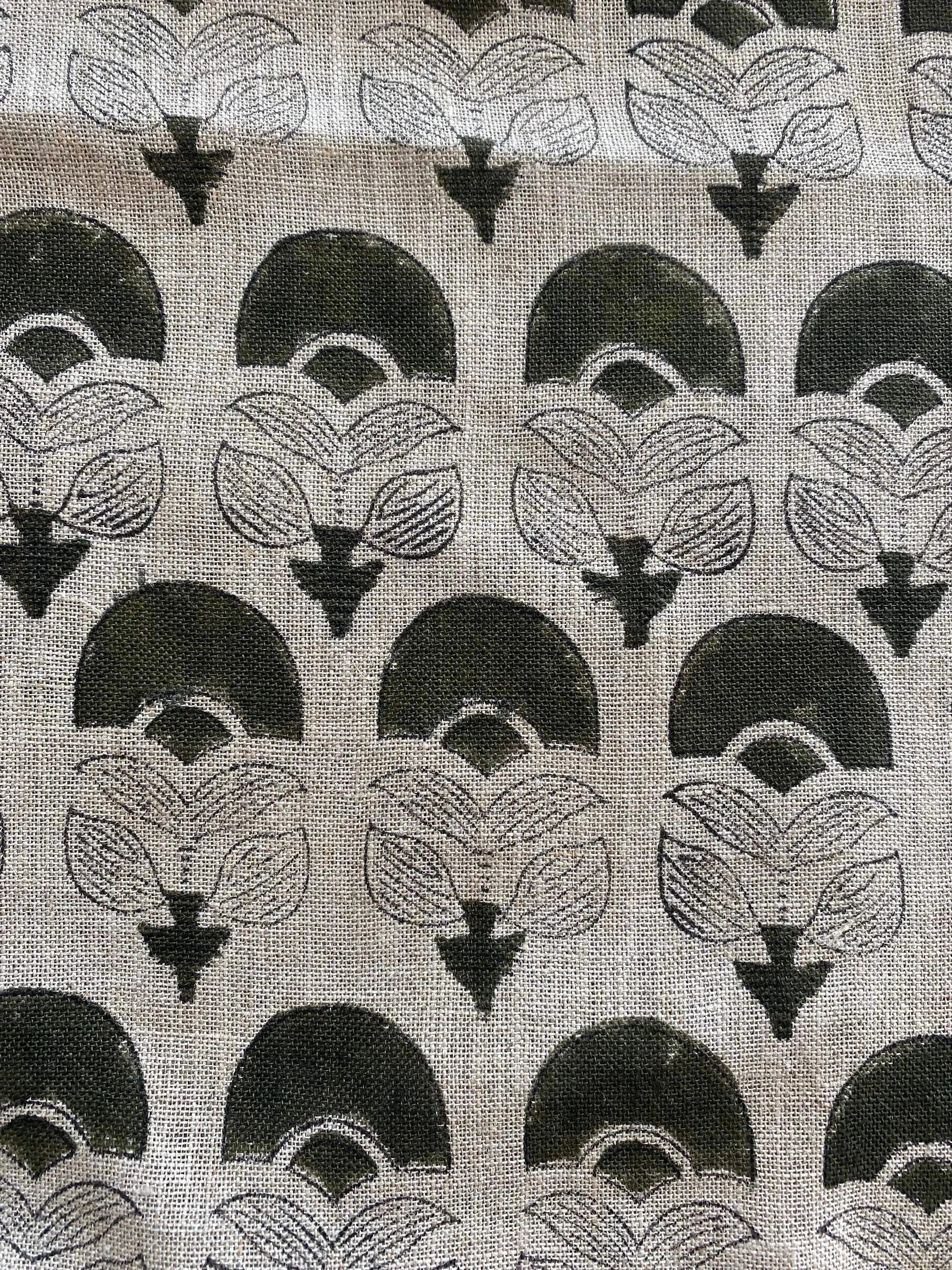 Hepburn Block Print Linen Fabric Green Black Grey Linen Fabric