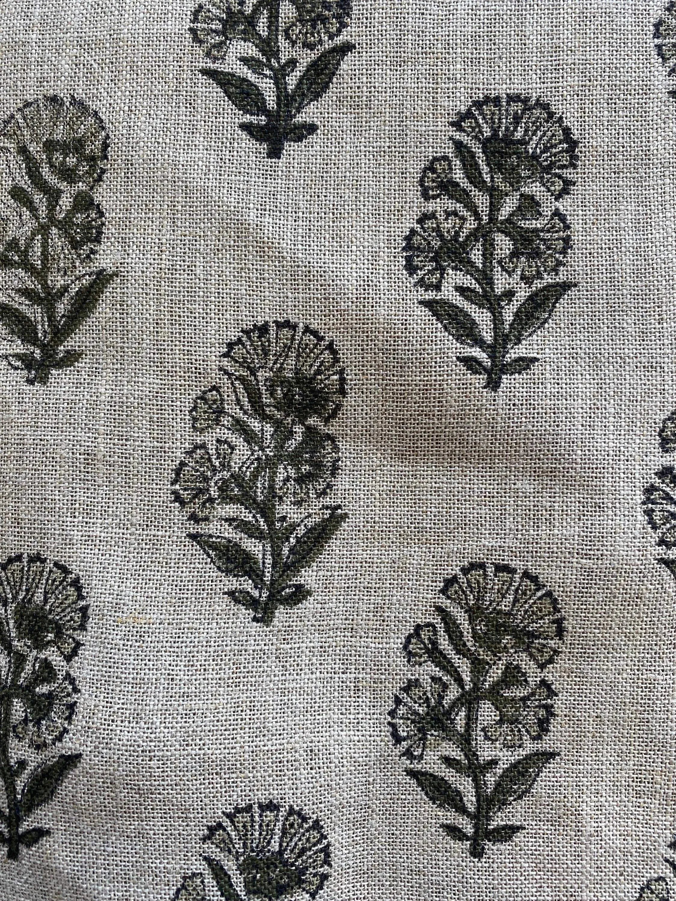 Thorian Block Printed Handloom Linen Dark green Light green Black Outline Linen Fabric