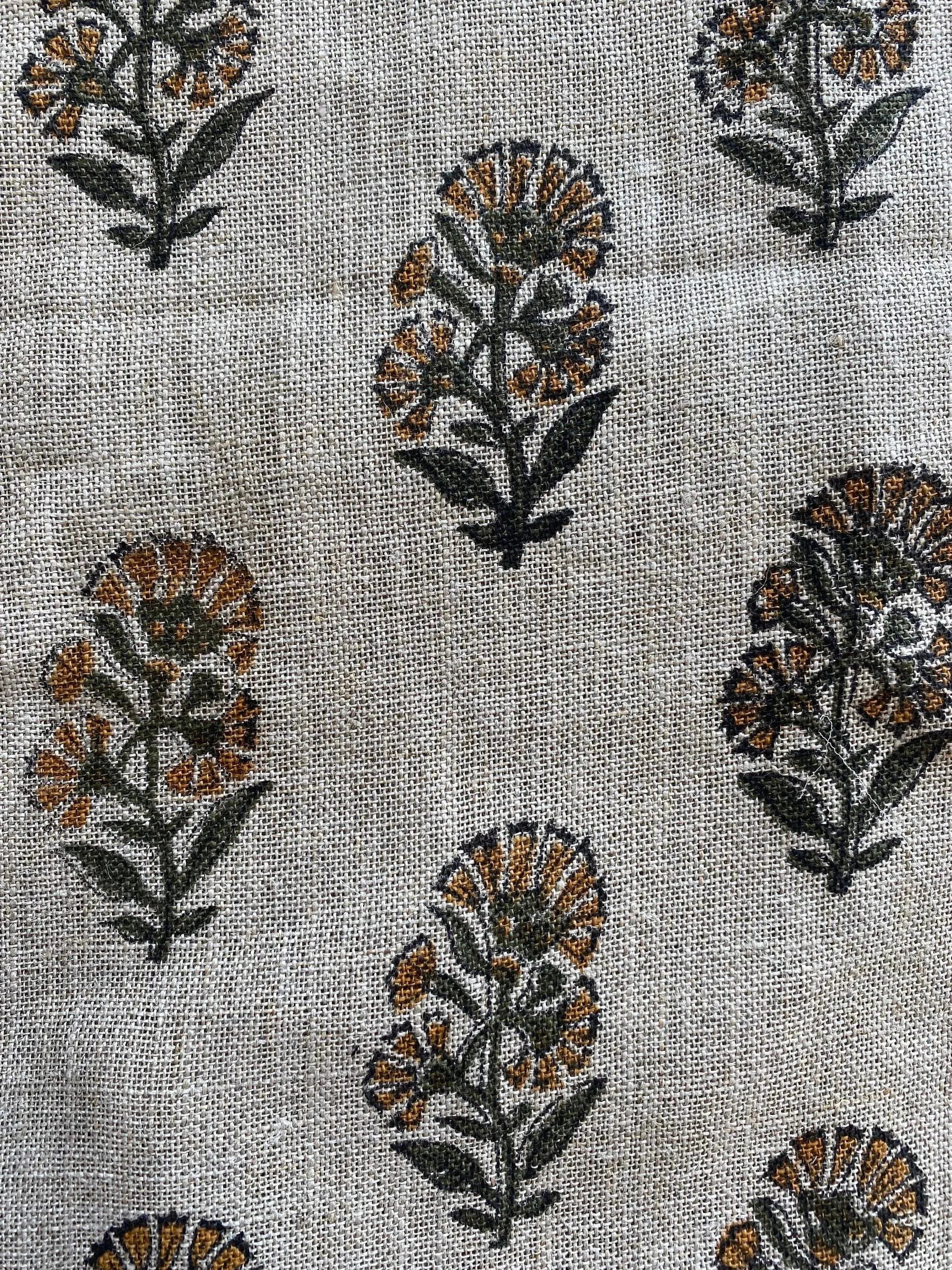 Thorian Block Printed Handloom Linen Mustard Dark Green Off - white Linen Fabric