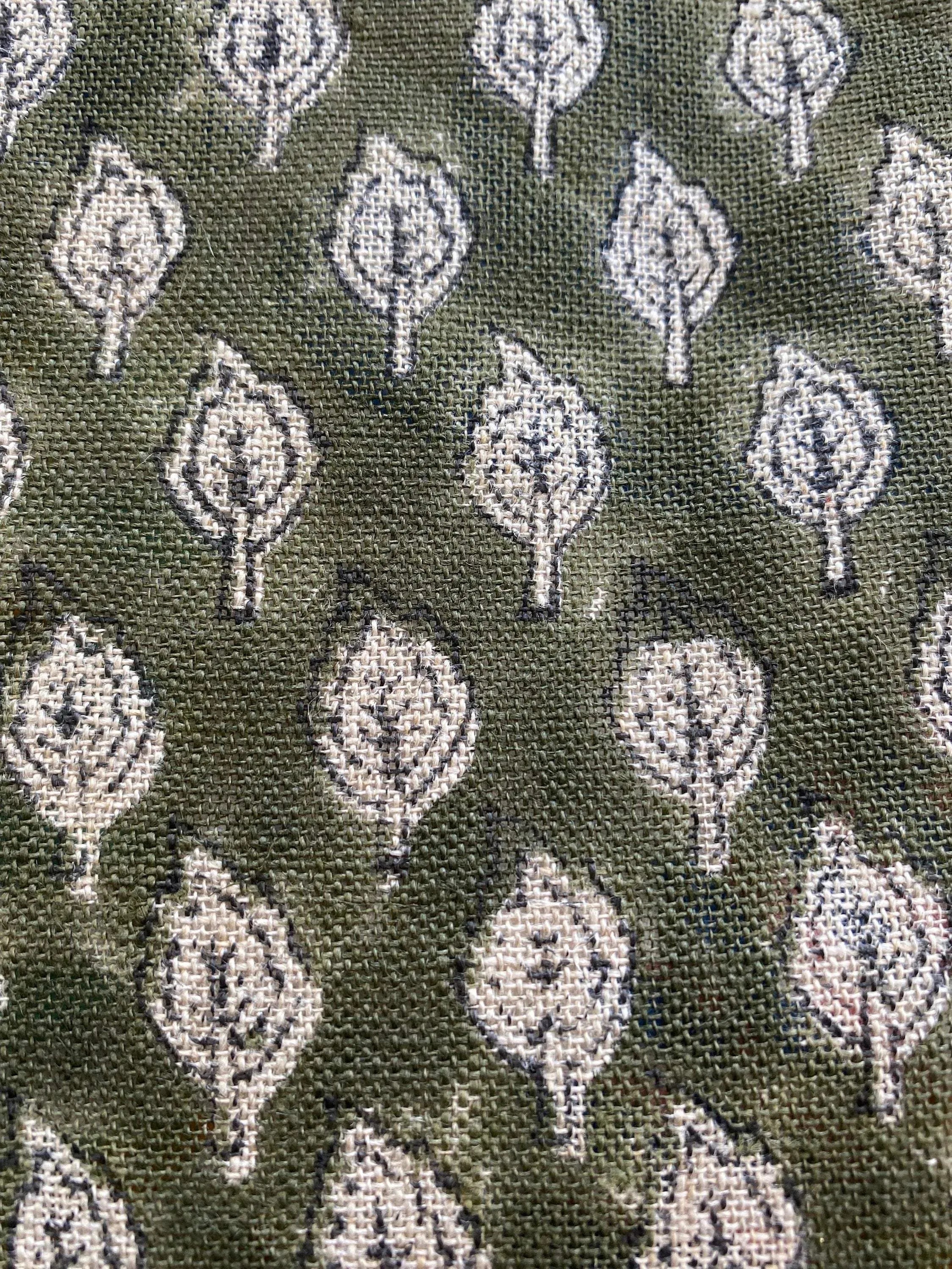 Rolly Block Printed Linen Fabric Olive Green Teal Blue Linen Fabric