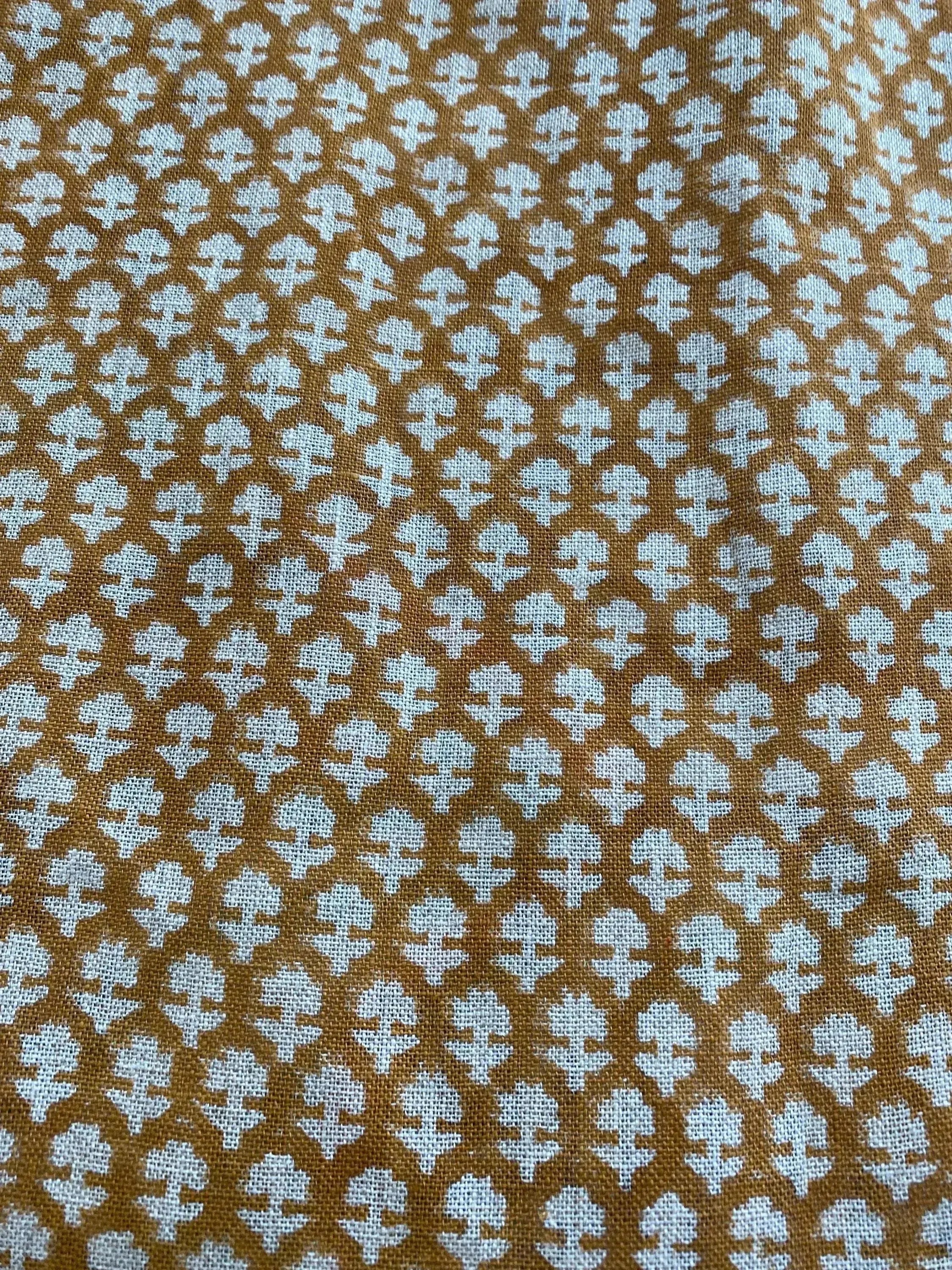 Anna Block Printed Linen Upholstery Fabric Mustard Off-White Linen Fabric