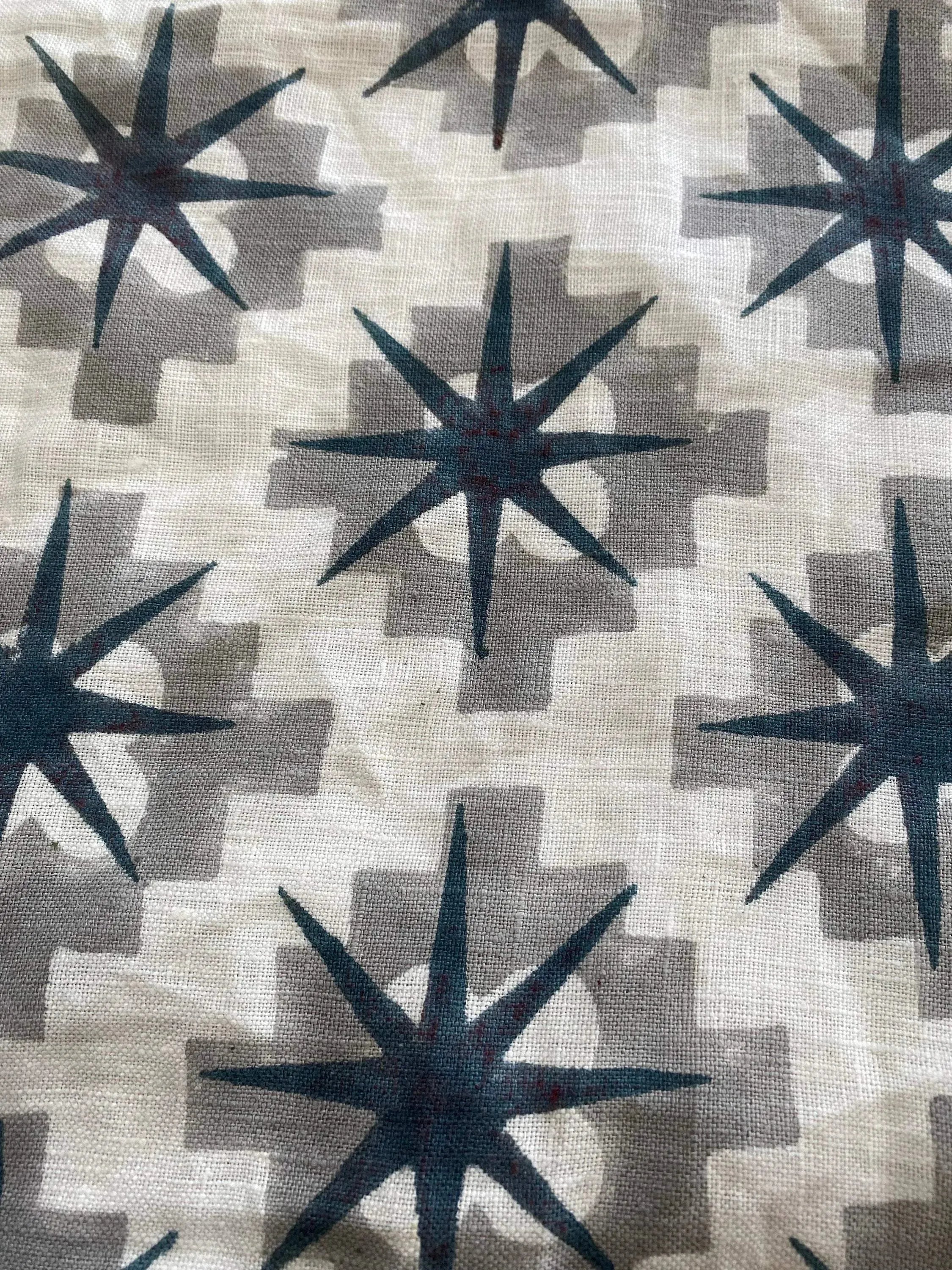 Hillary Hand Block Print Linen Teal and Grey Linen Fabric