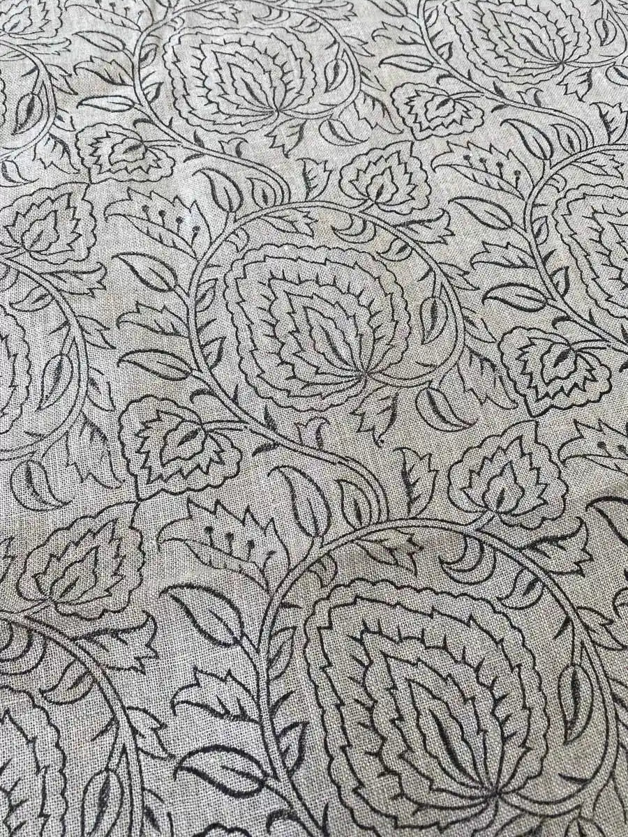 Nora Indian Hand Block Print Upholstery Fabric Black Off-White Linen Fabric