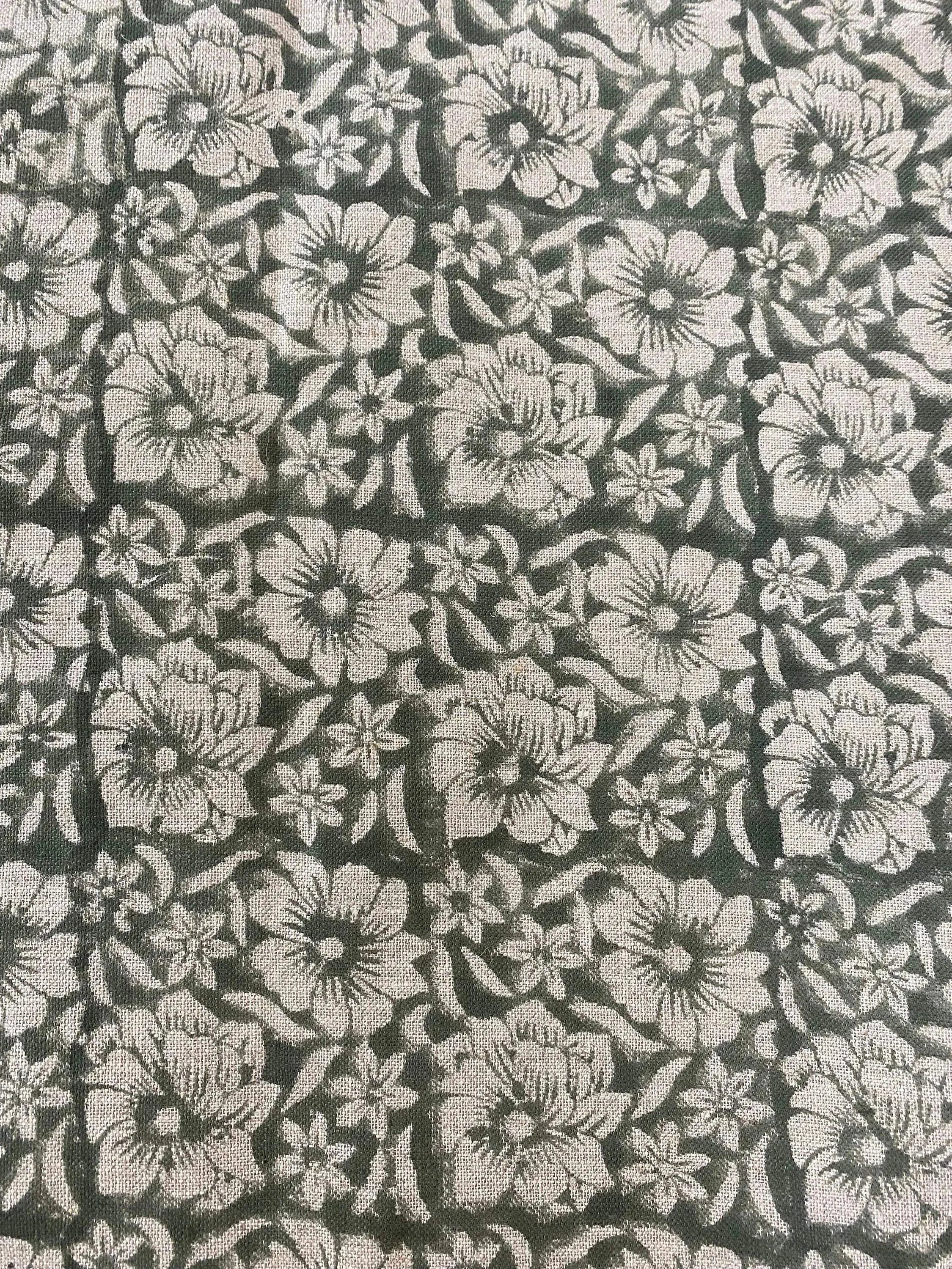 ZAFFRA Hand Block Print Designer Linen Fabric For Upholstery, Curtains Olive Green Teal Blue Linen Fabric