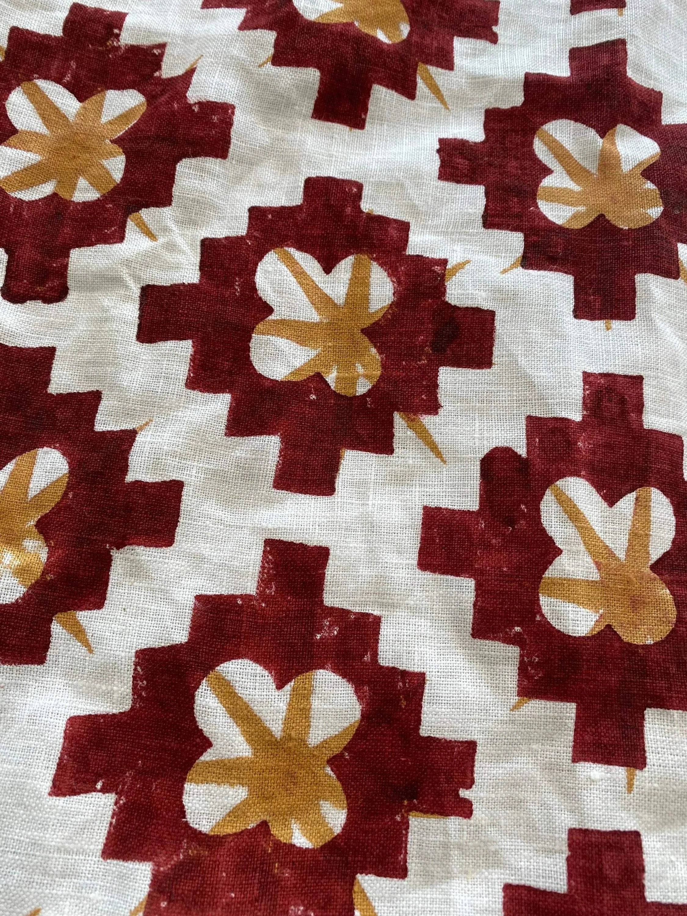 Hillary Hand Block Print Linen Red Mustard White Linen Fabric