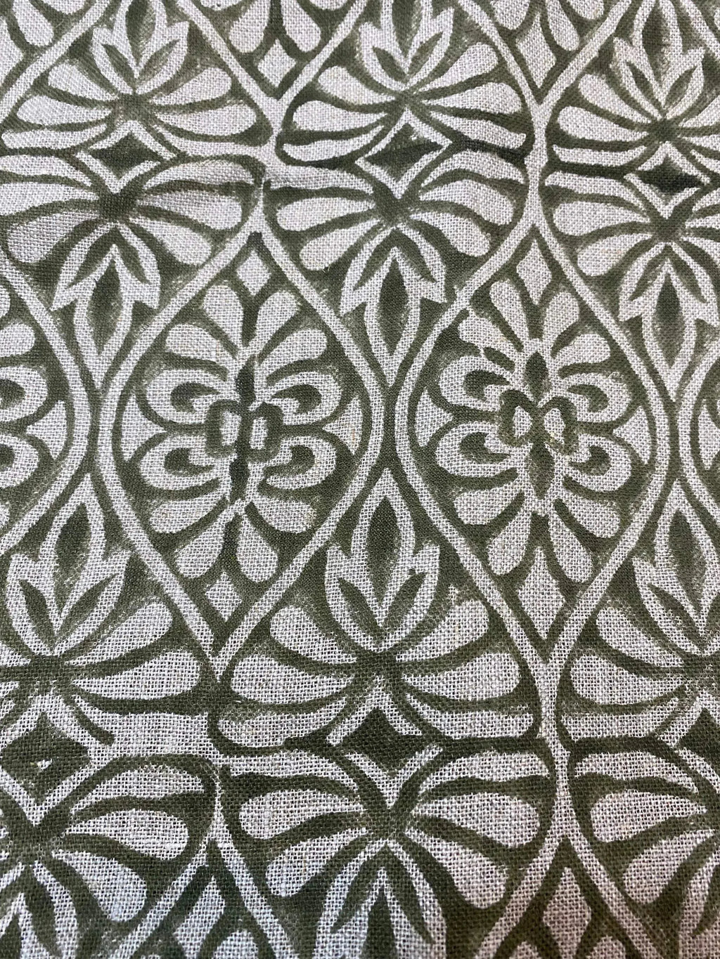 Flint Floral Hand Block Print Fabric Green Beige Linen Fabric