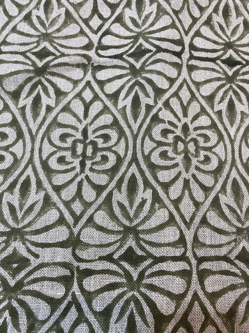 Flint Floral Hand Block Print Fabric Green Beige Linen Fabric