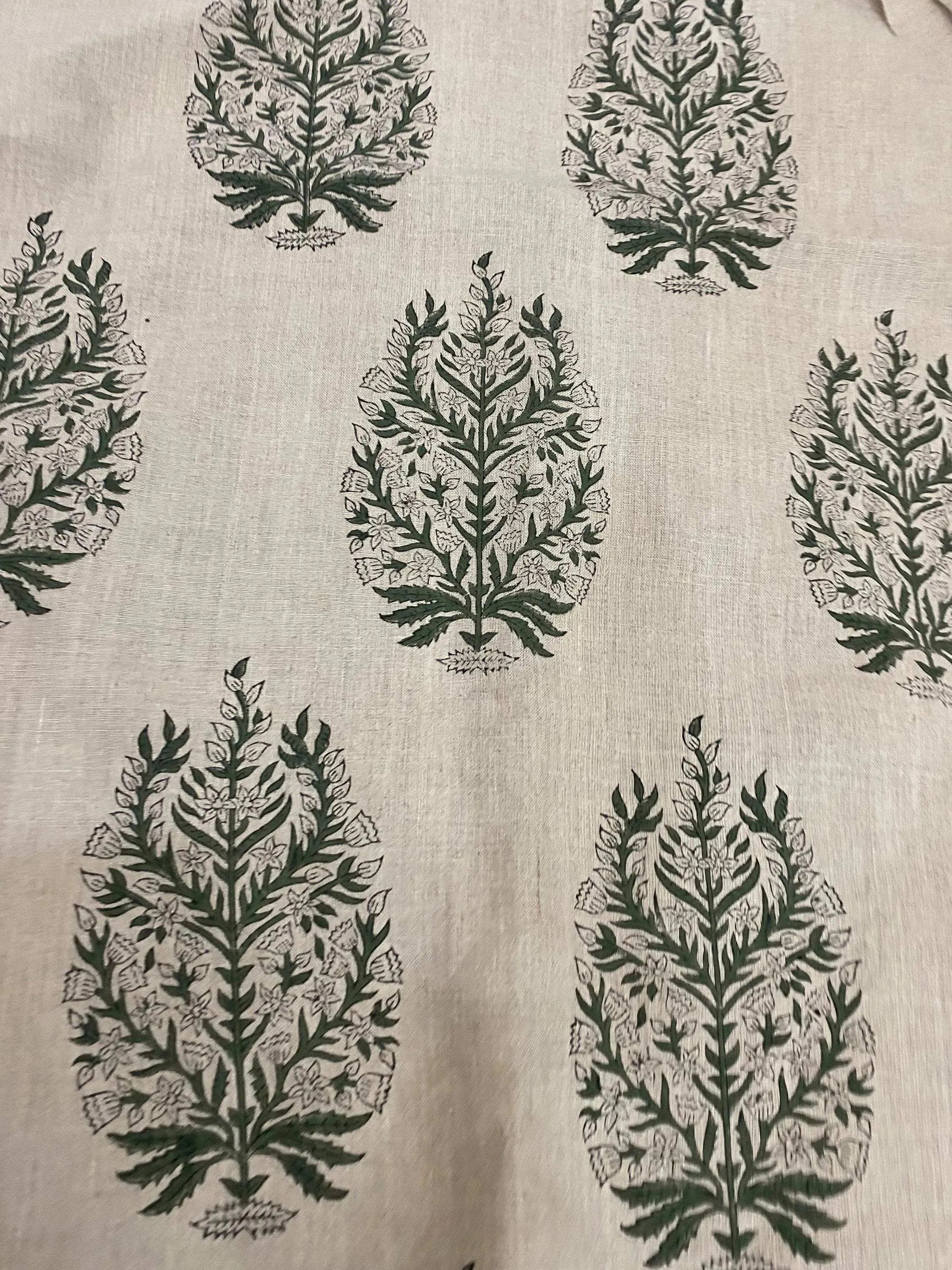 Dylan Hand Block Print Designer Linen Fabric for Upholstery Green Linen Fabric