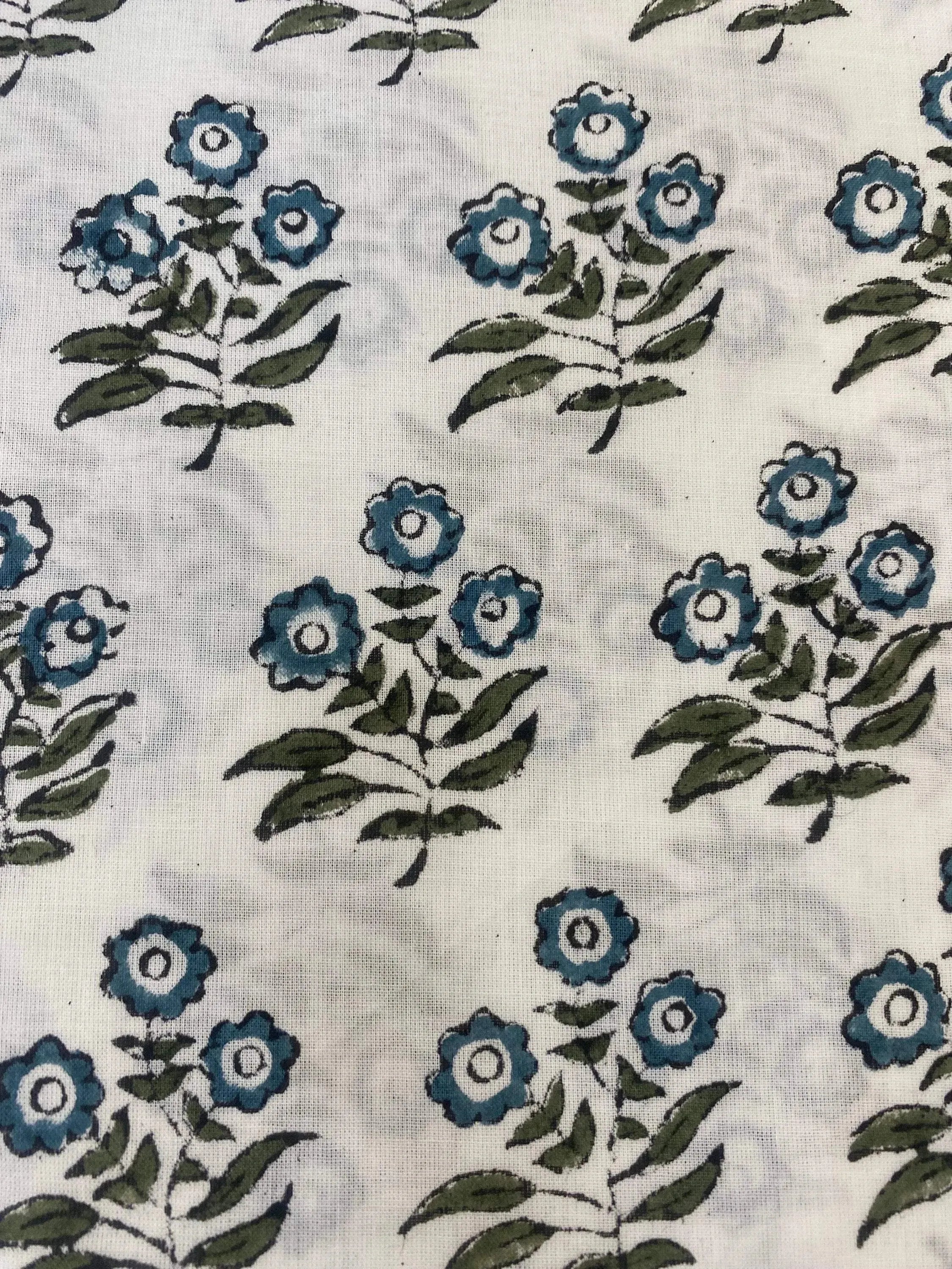 Briannah Indian Block Print Cotton Fabric by the Yard Yard Blue Green and Black Outline Cotton Fabric