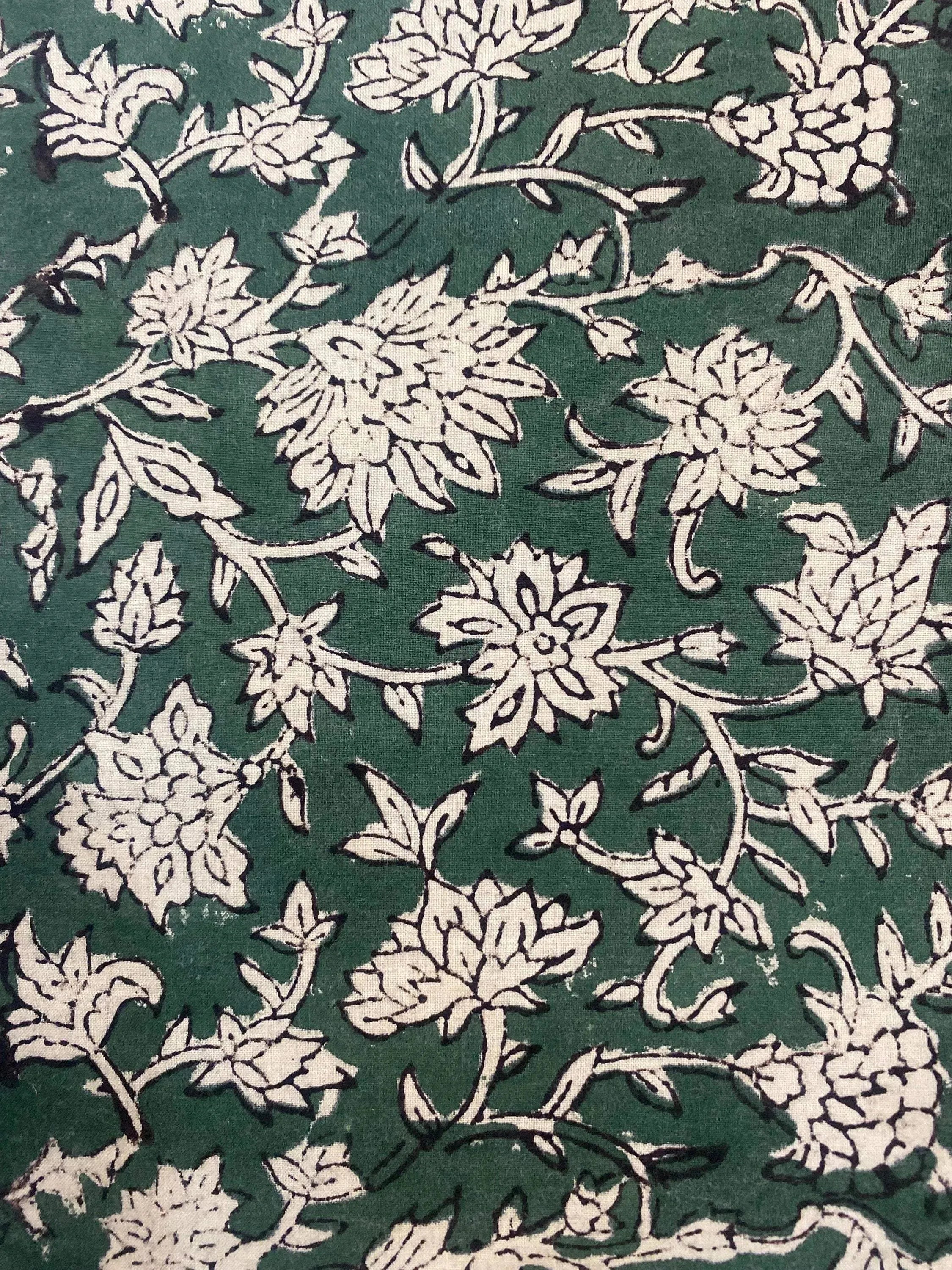Abbey Block Print Indian Cotton Fabric Dark green Black Off white Cotton Fabric