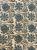 Agnes Hand Block Printed Cotton Fabric Yard Blue Green Black Outline Beige Cotton Fabric