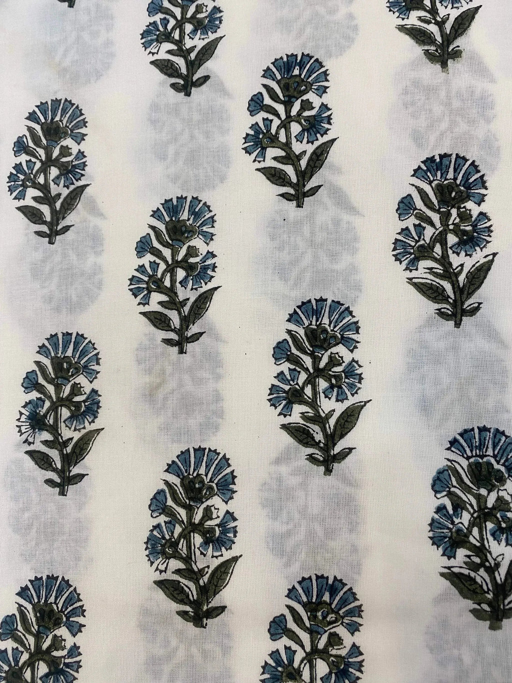 Thorian Hand Block Printed Floral Cotton Yard Dark Green Blue Black White Base Cotton Fabric