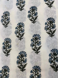 Thorian Hand Block Printed Floral Cotton Yard Dark Green Blue Black White Base Cotton Fabric