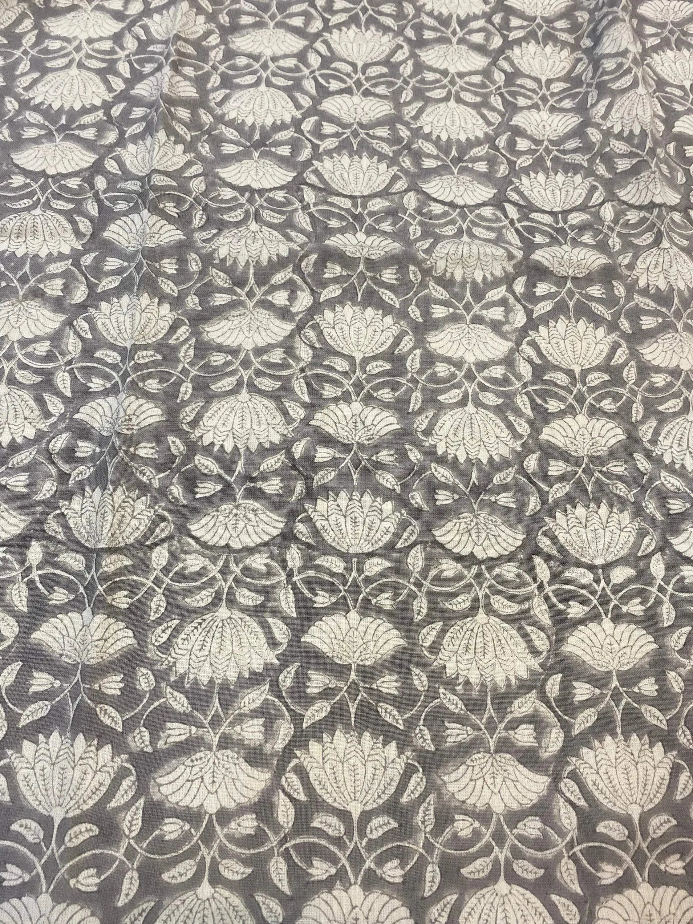 Tulip Flower Block Print Upholstery Fabric Olive Green Teal Blue Linen Fabric