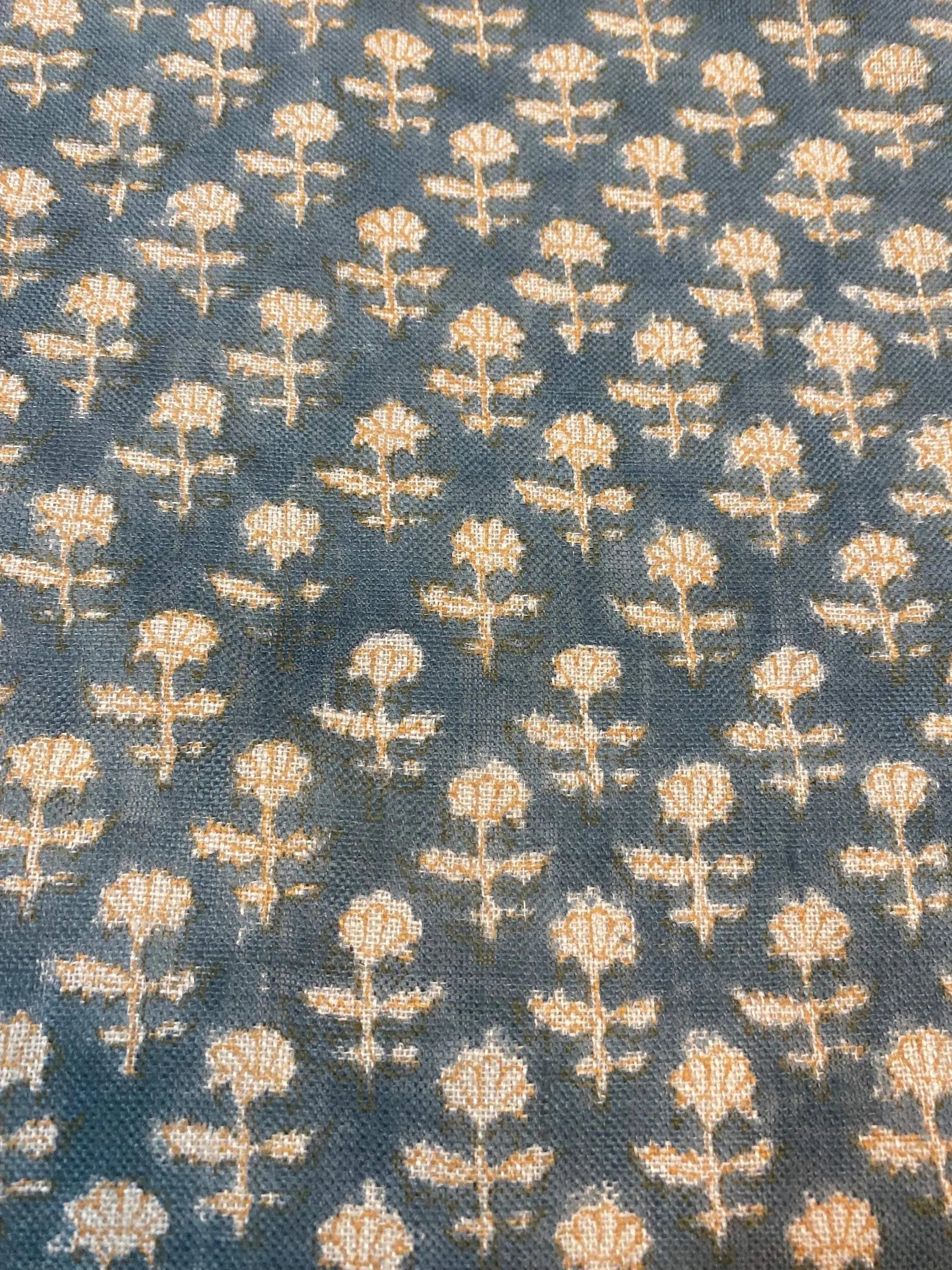 Iris Linen Block Print Teal Blue Linen Fabric