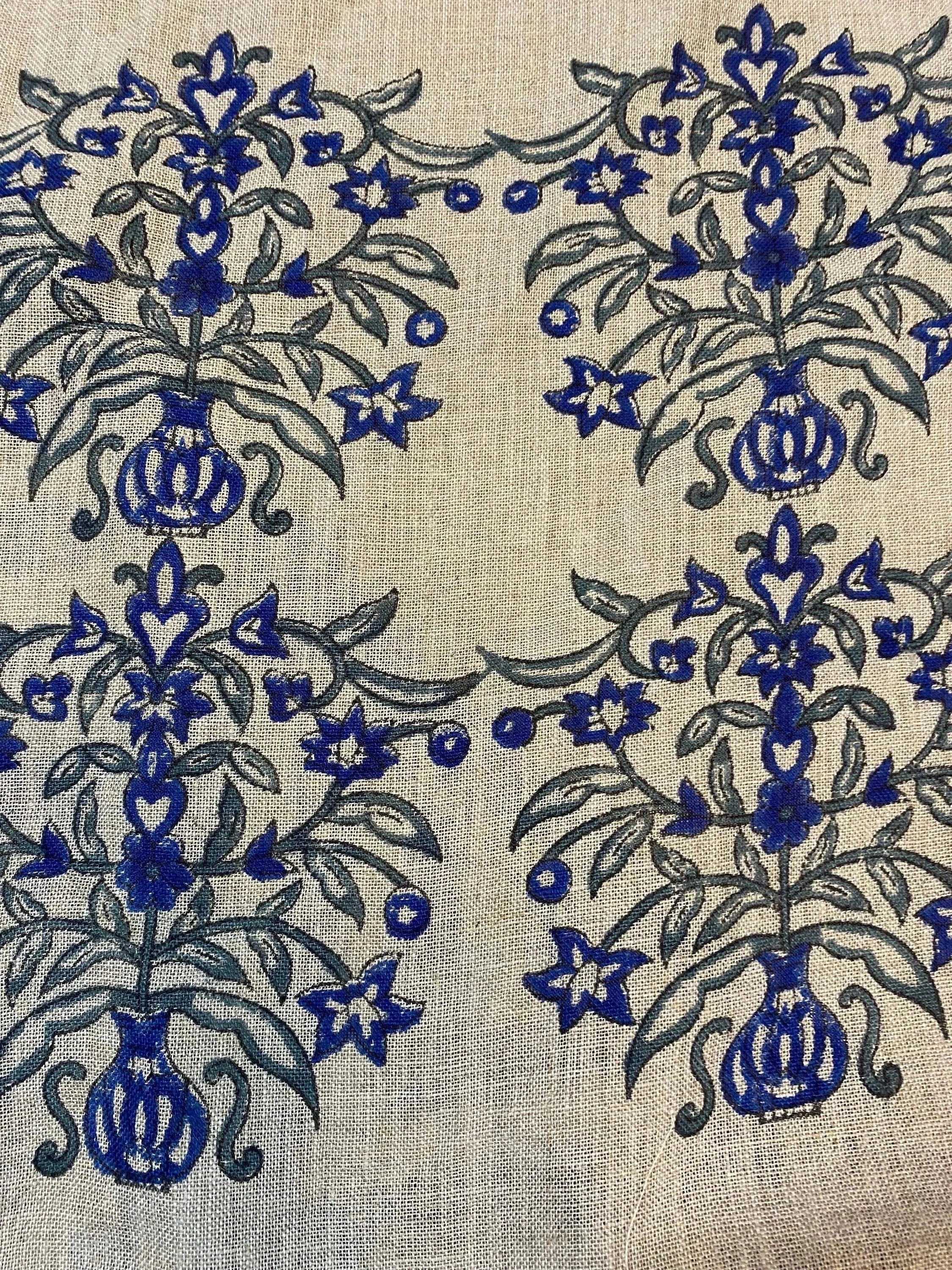 Lumi Block Print Linen Blue Linen Fabric