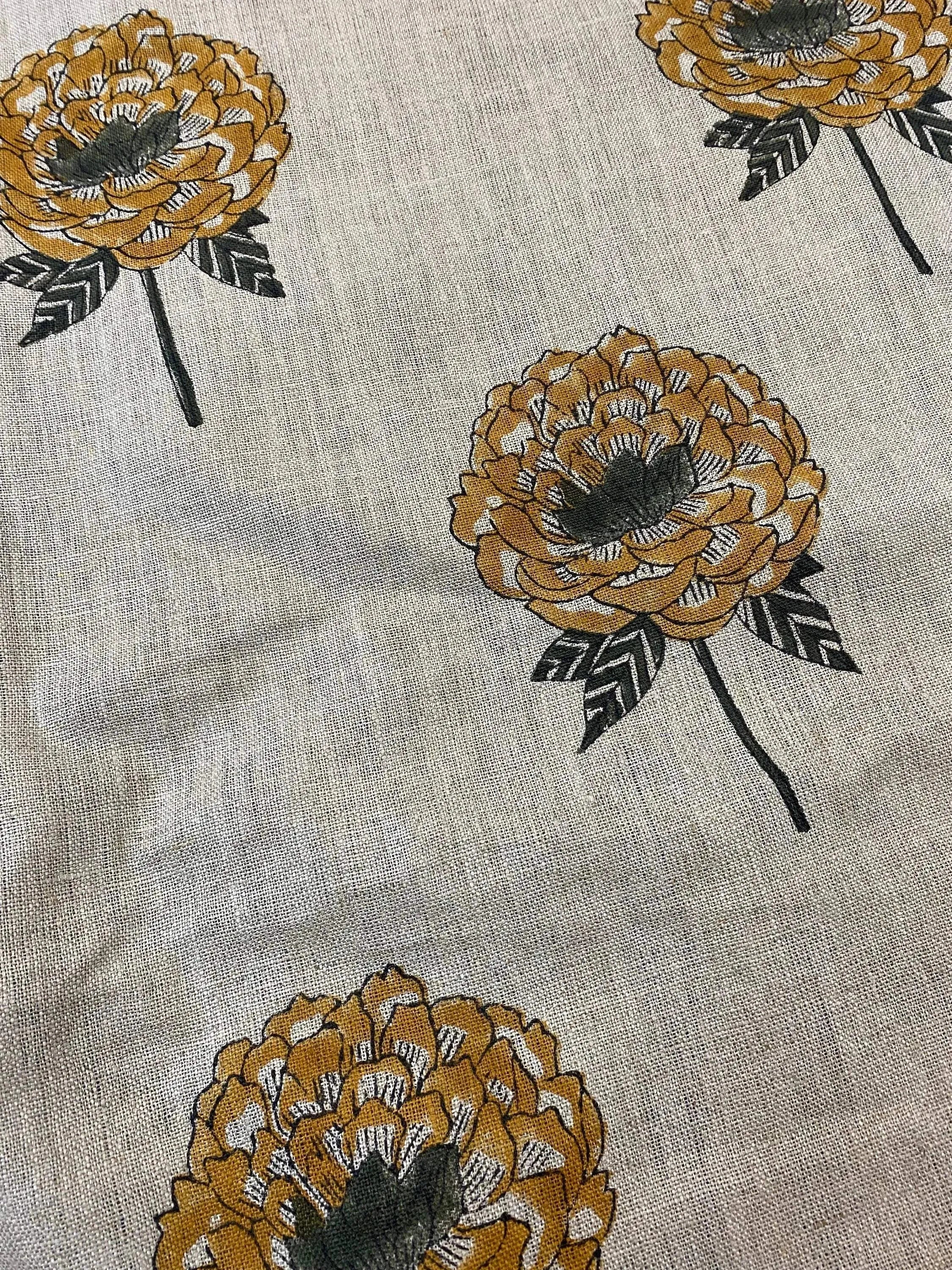 Ines Block Printed Linen Fabric Mustard Off-White Linen Fabric