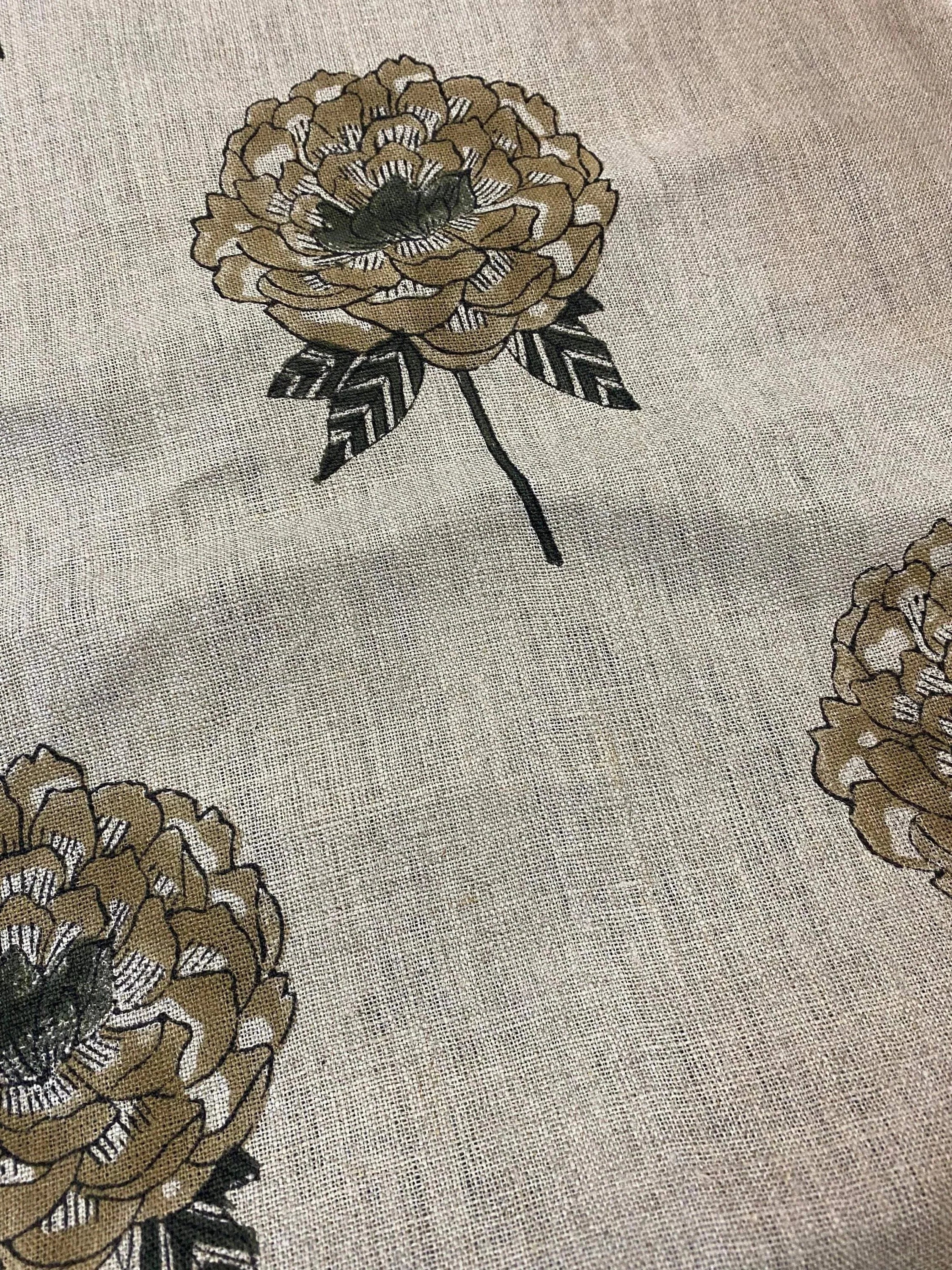 Ines Block Printed Linen Fabric Olive green Kashish Linen Fabric