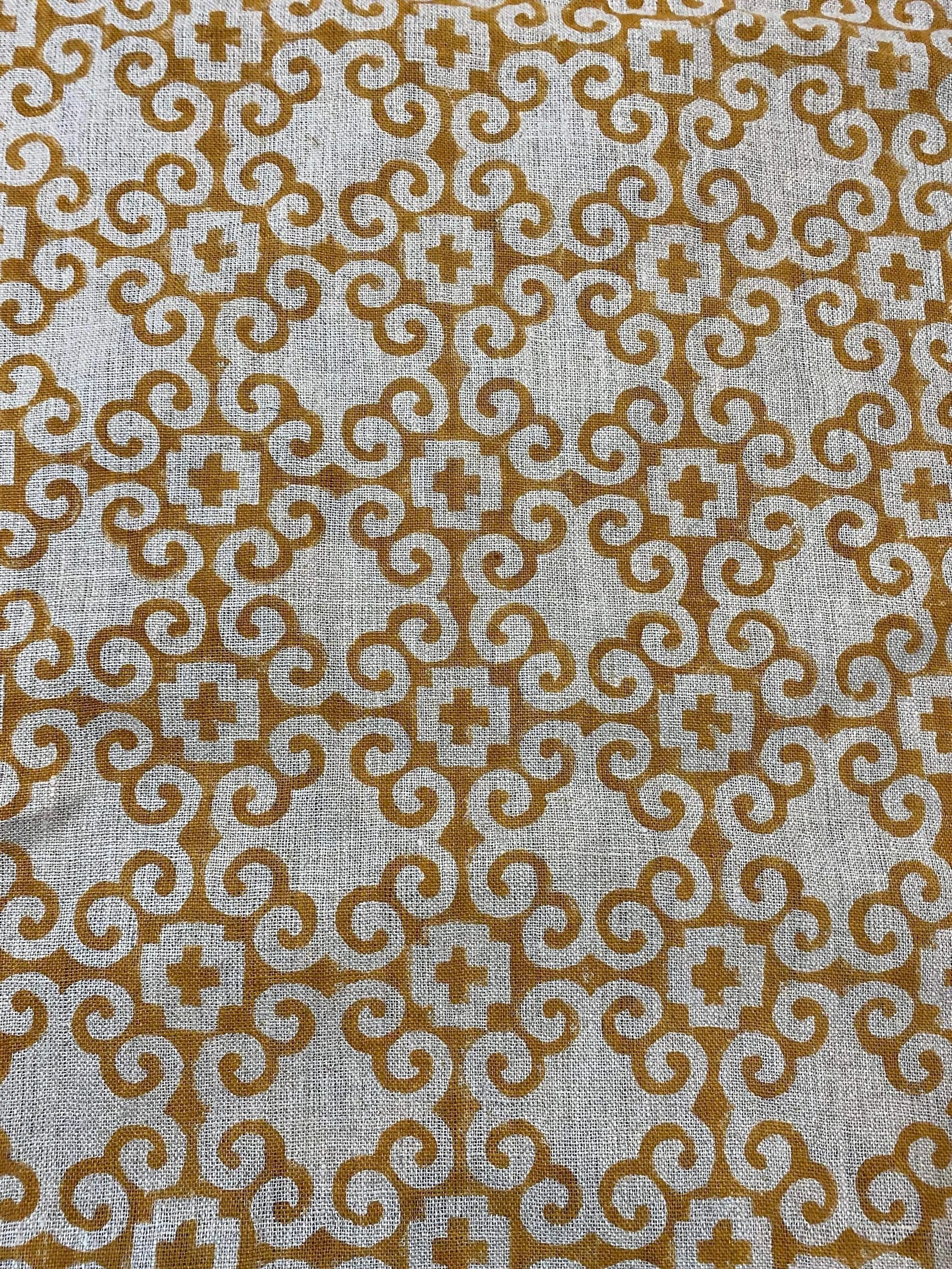 Alma Hand Block Print Linen Mustard Off-White Linen Fabric