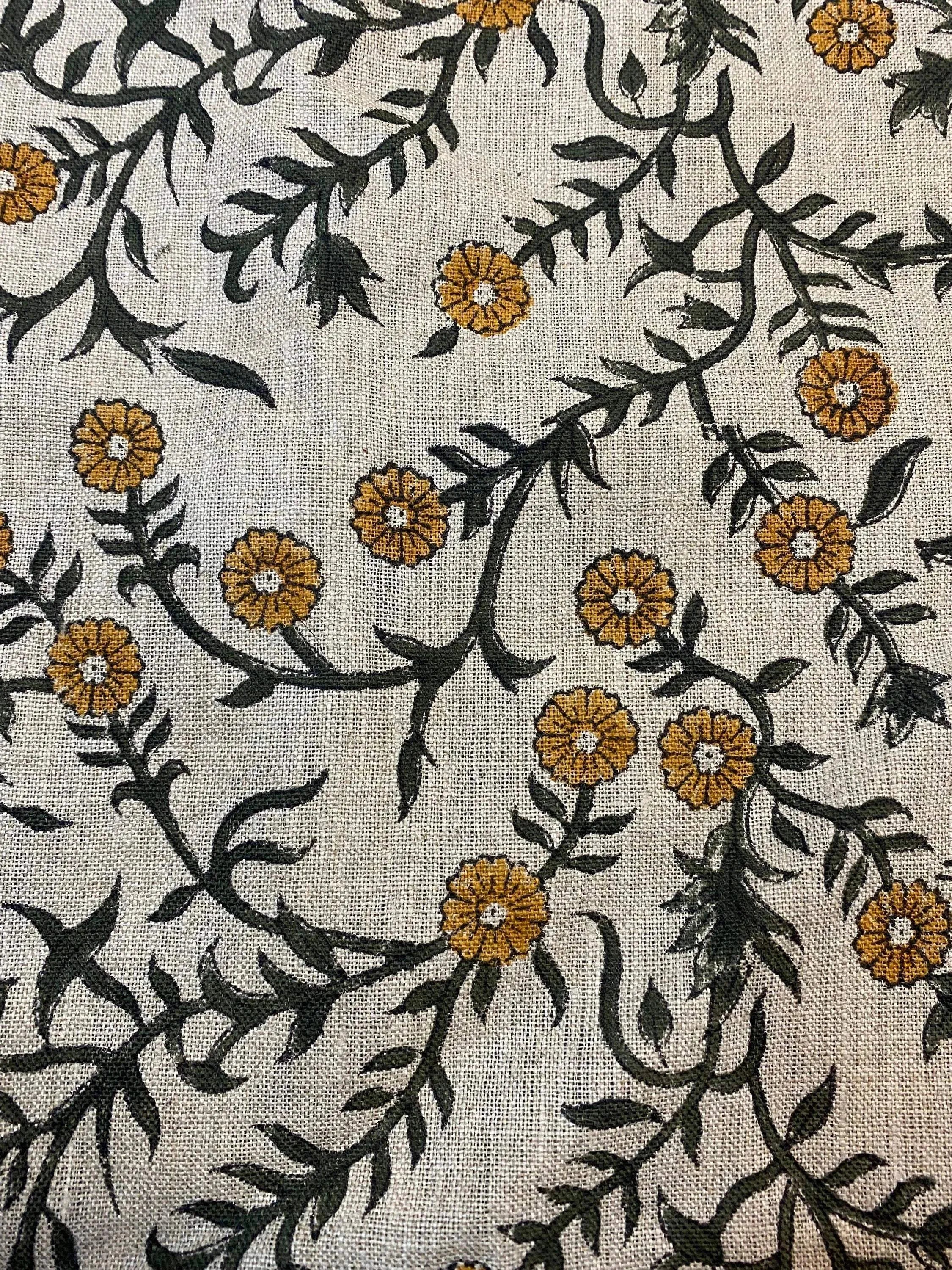 Louis Block Print Upholstery Linen Fabric Dark Green Mustard Linen Fabric