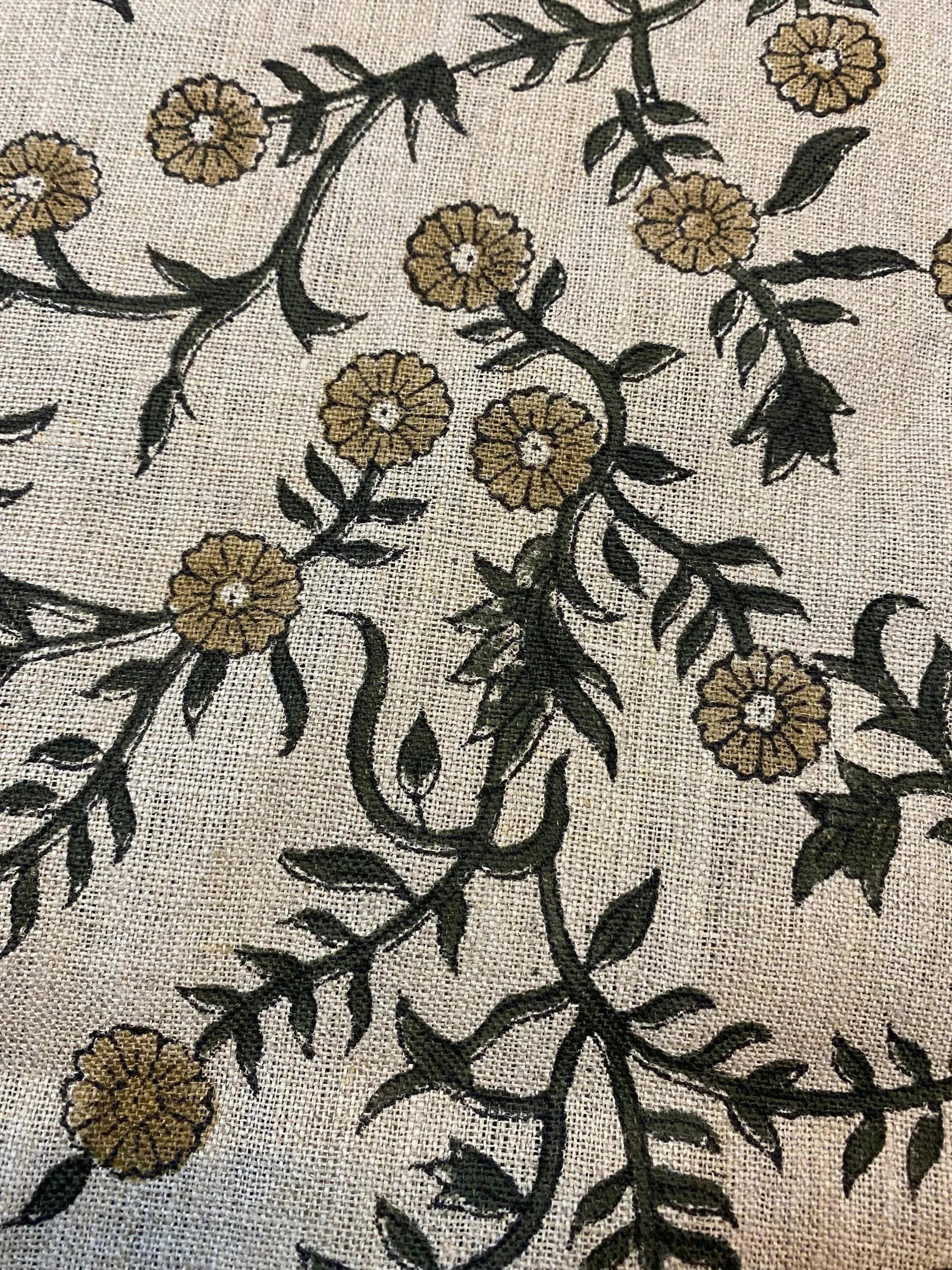 Louis Block Print Upholstery Linen Fabric Dark Green Olive Green Linen Fabric