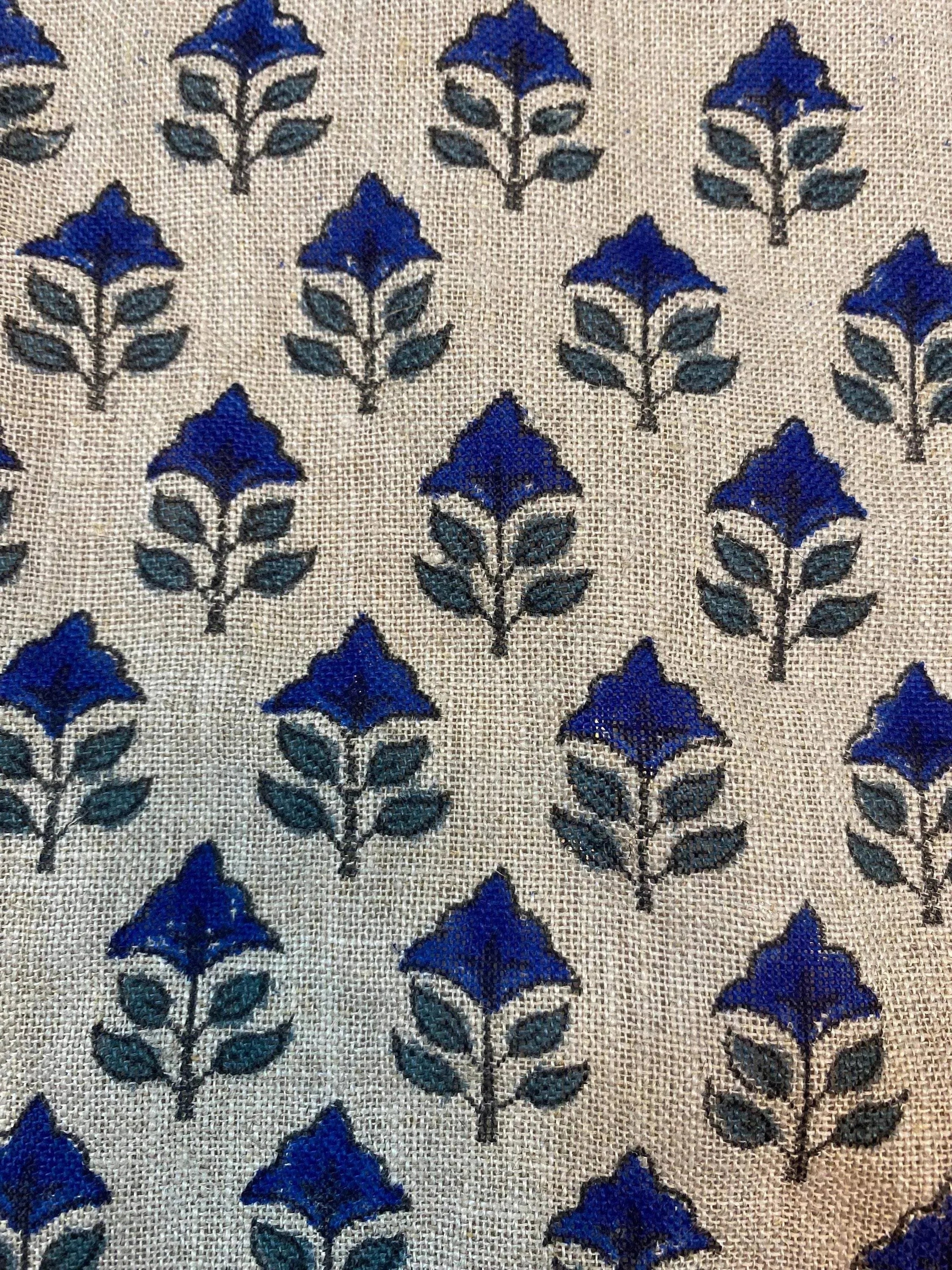 Sansa Handloom Linen Block Print Fabric Blue Green Black Linen Fabric